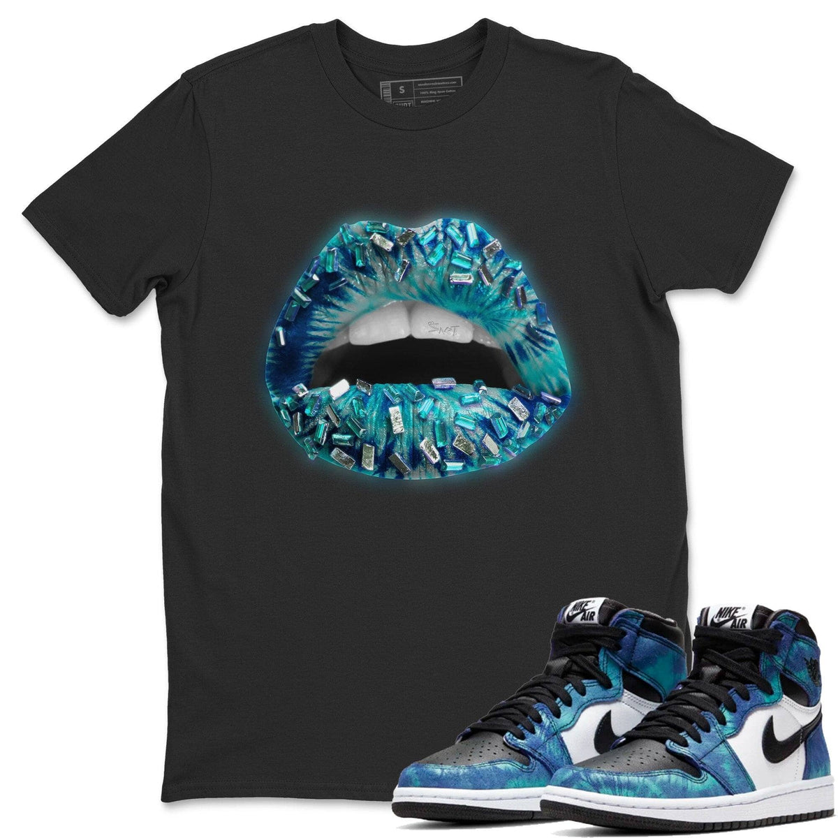 Jordan 1 Tie-Dye Sneaker Matching T-Shirt Lips Jewel Sneaker Tees Jordan 1 Tie-Dye Sneaker Release Tees Crew Neck Tees