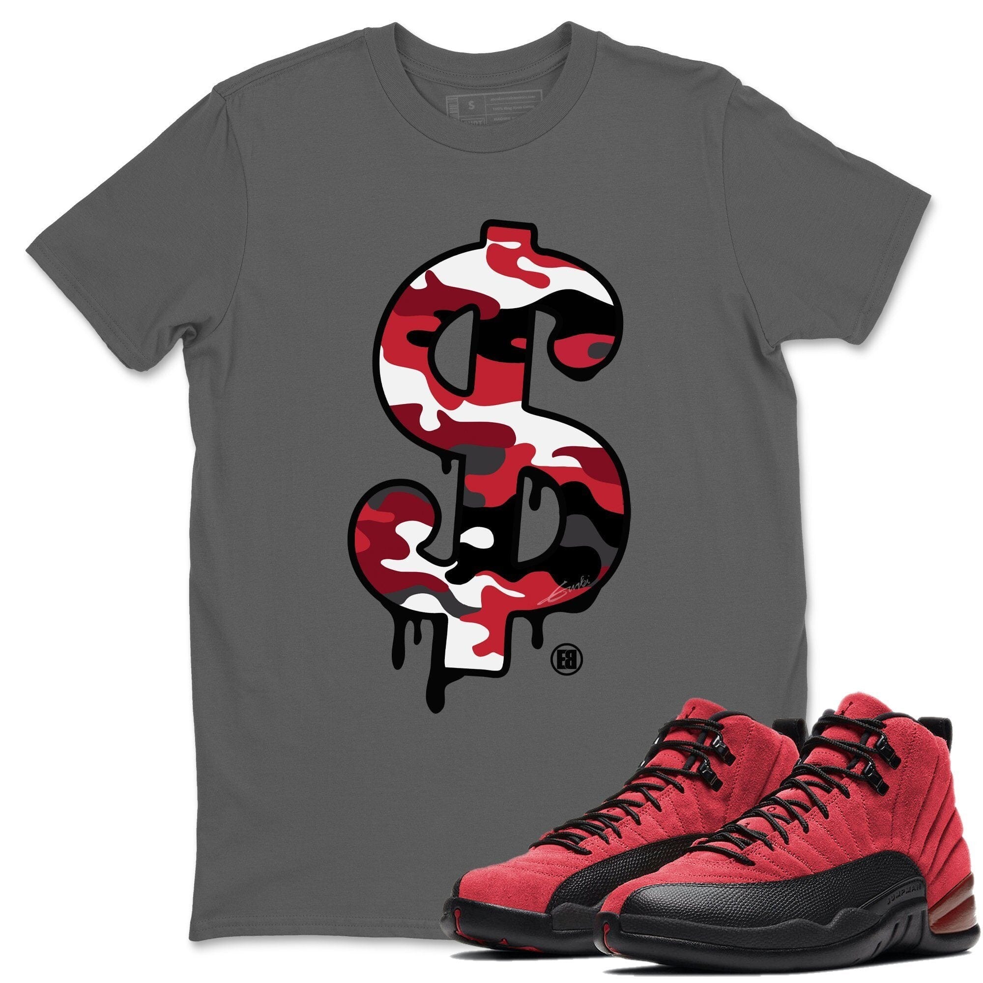 Jordan 12 Reverse Flu Game Shirt To Match Jordans Dollar Camo Sneaker Tees Jordan 12 Reverse Flu Game Drip Gear Zone Sneaker Matching Clothing Unisex Shirts
