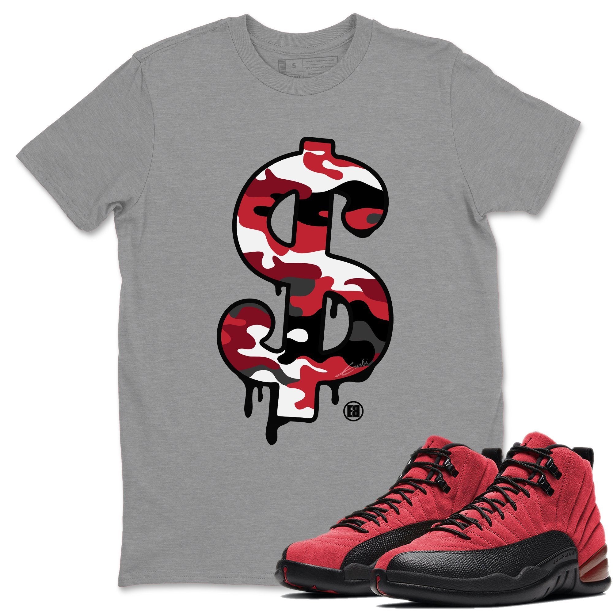 Jordan 12 Reverse Flu Game Shirt To Match Jordans Dollar Camo Sneaker Tees Jordan 12 Reverse Flu Game Drip Gear Zone Sneaker Matching Clothing Unisex Shirts