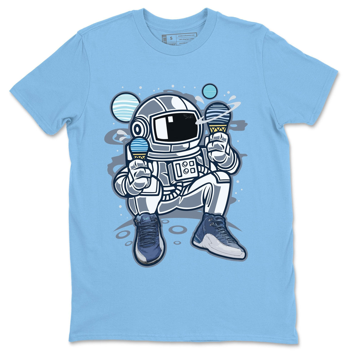 Jordan 12 Stone Blue Sneaker Matching T-Shirt Astronaut Sneaker Tees Jordan 12 Stone Blue Sneaker Release Tees Crew Neck Tees