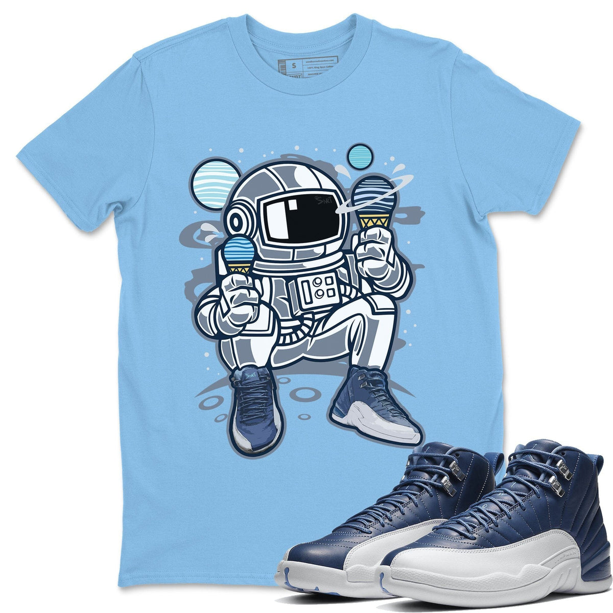 Jordan 12 Stone Blue Sneaker Matching T-Shirt Astronaut Sneaker Tees Jordan 12 Stone Blue Sneaker Release Tees Crew Neck Tees