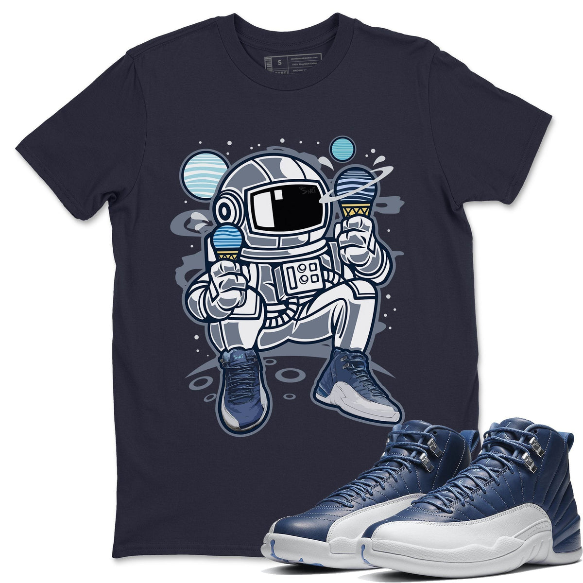 Jordan 12 Stone Blue Sneaker Matching T-Shirt Astronaut Sneaker Tees Jordan 12 Stone Blue Sneaker Release Tees Crew Neck Tees