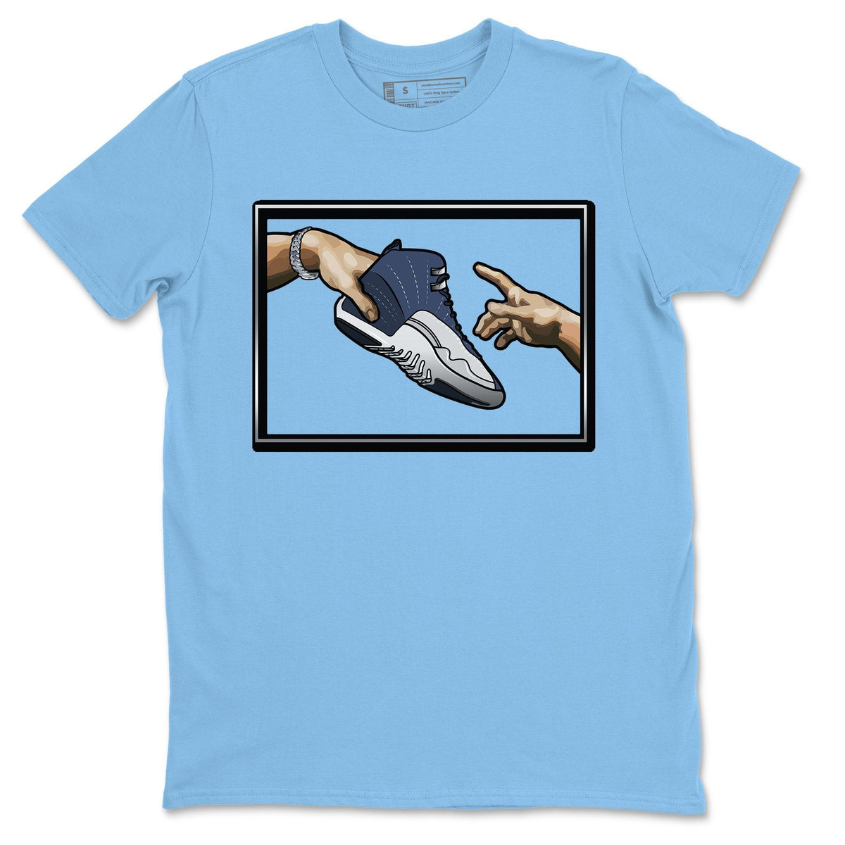 Jordan 12 Stone Blue Sneaker Matching T-Shirt Adam's Creation Sneaker Tees Jordan 12 Stone Blue Sneaker Release Tees Crew Neck Tees