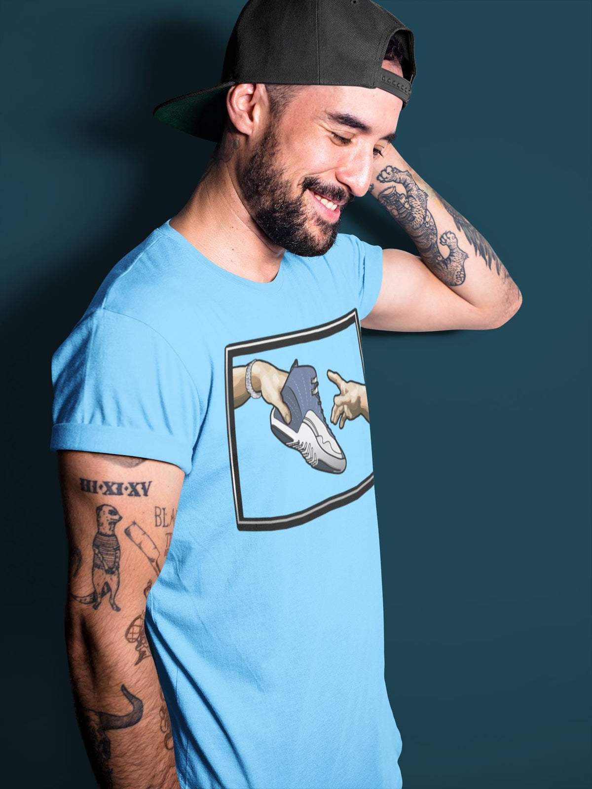 Jordan 12 Stone Blue Sneaker Matching T-Shirt Adam's Creation Sneaker Tees Jordan 12 Stone Blue Sneaker Release Tees Crew Neck Tees