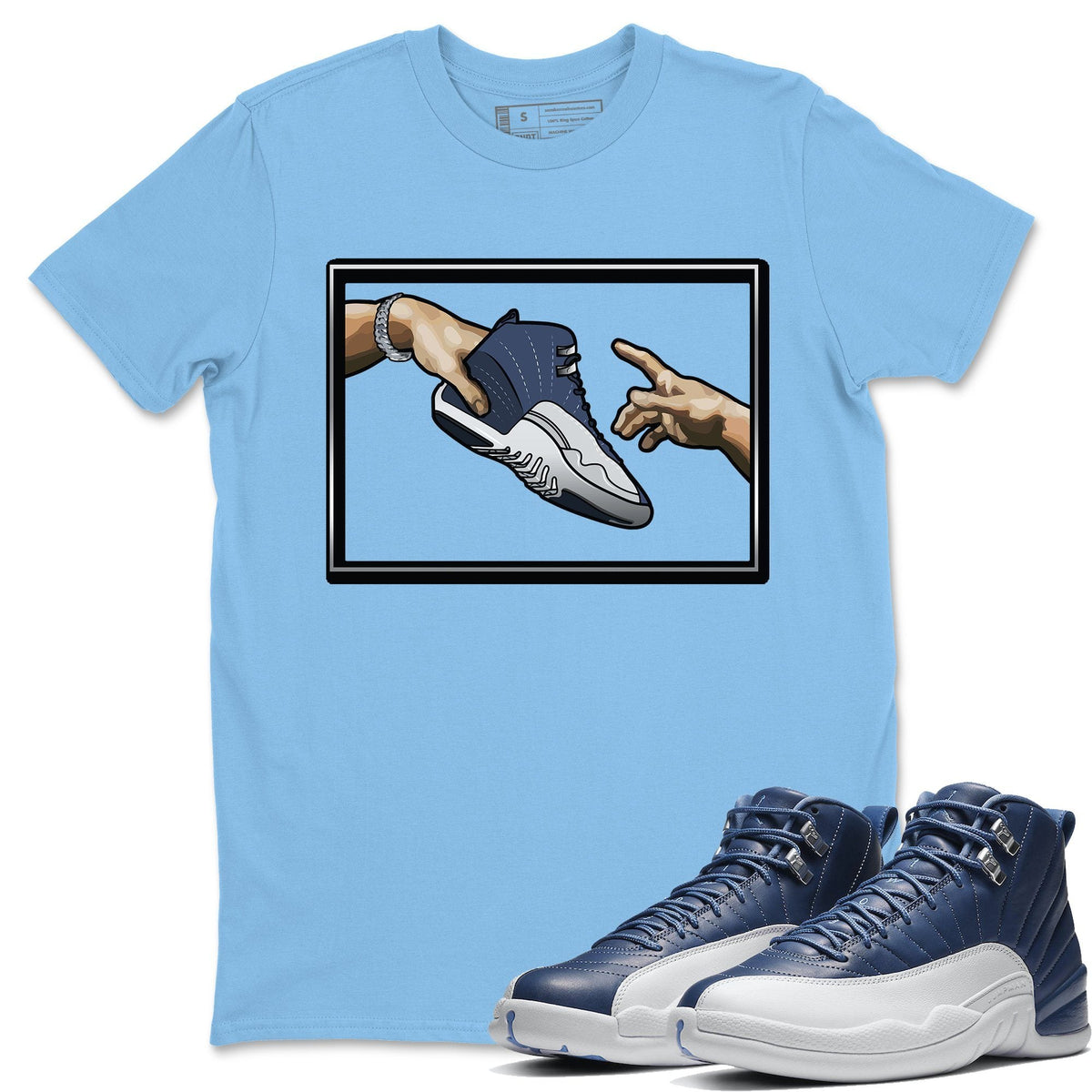 Jordan 12 Stone Blue Sneaker Matching T-Shirt Adam's Creation Sneaker Tees Jordan 12 Stone Blue Sneaker Release Tees Crew Neck Tees