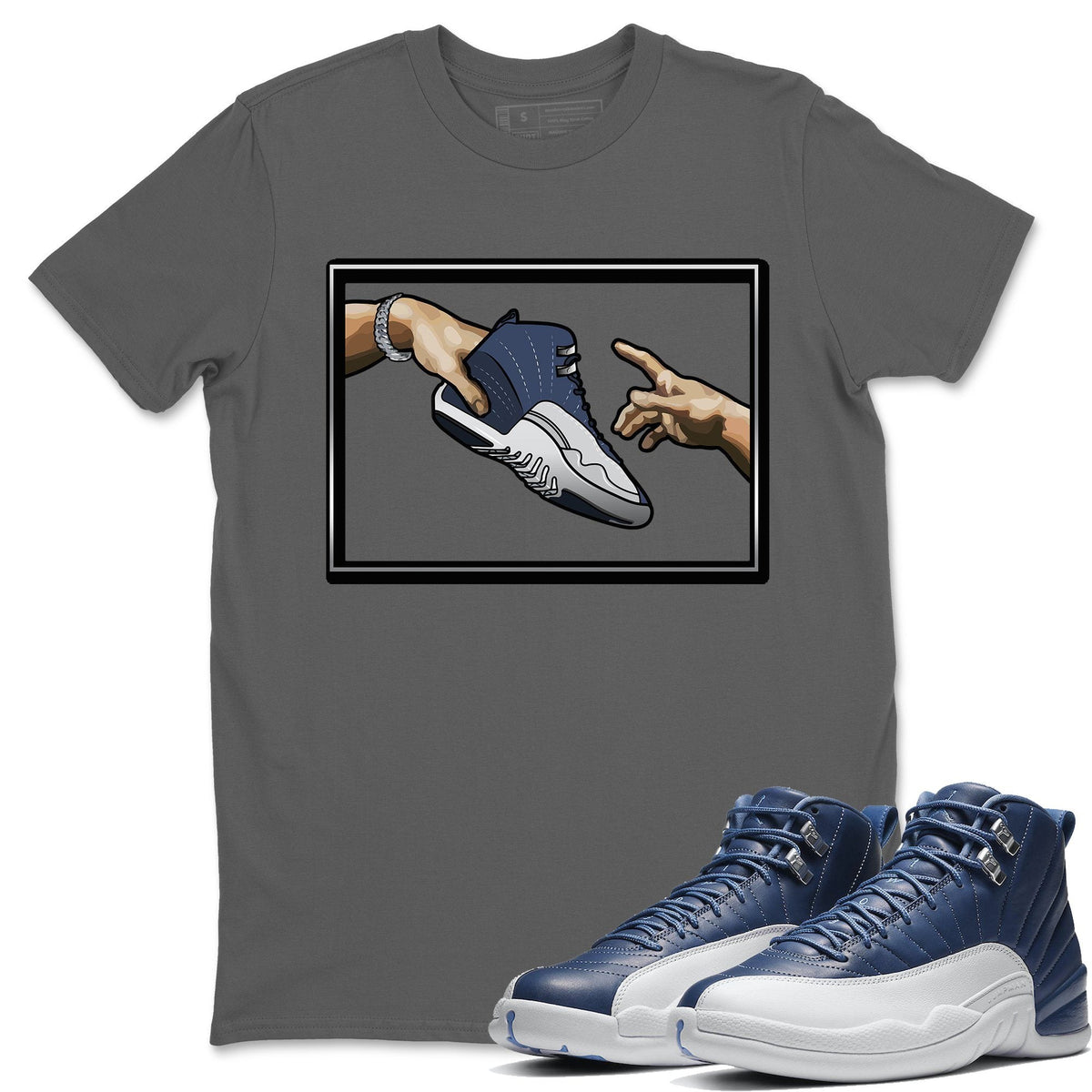 Jordan 12 Stone Blue Sneaker Matching T-Shirt Adam's Creation Sneaker Tees Jordan 12 Stone Blue Sneaker Release Tees Crew Neck Tees