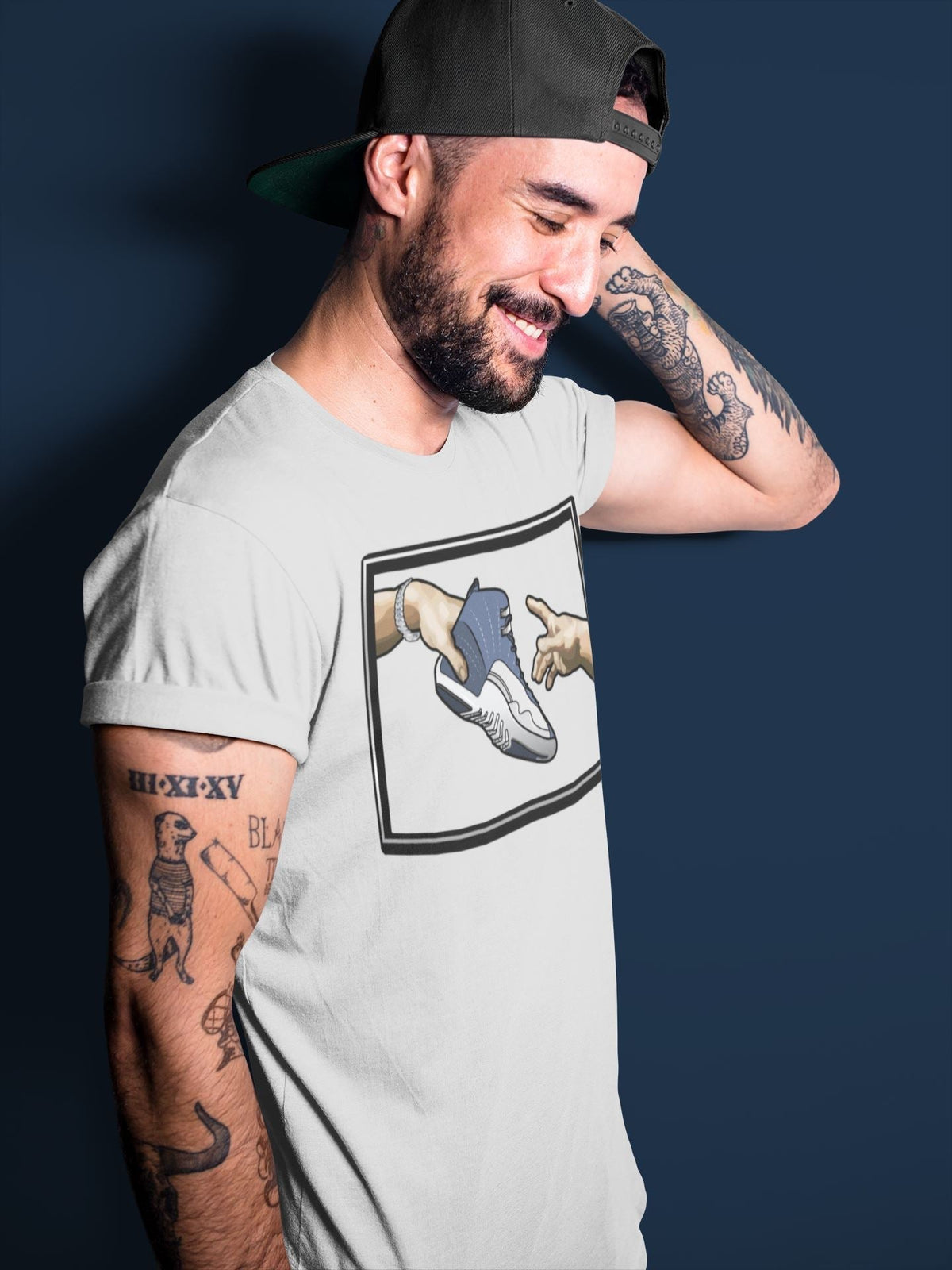 Jordan 12 Stone Blue Sneaker Matching T-Shirt Adam's Creation Sneaker Tees Jordan 12 Stone Blue Sneaker Release Tees Crew Neck Tees