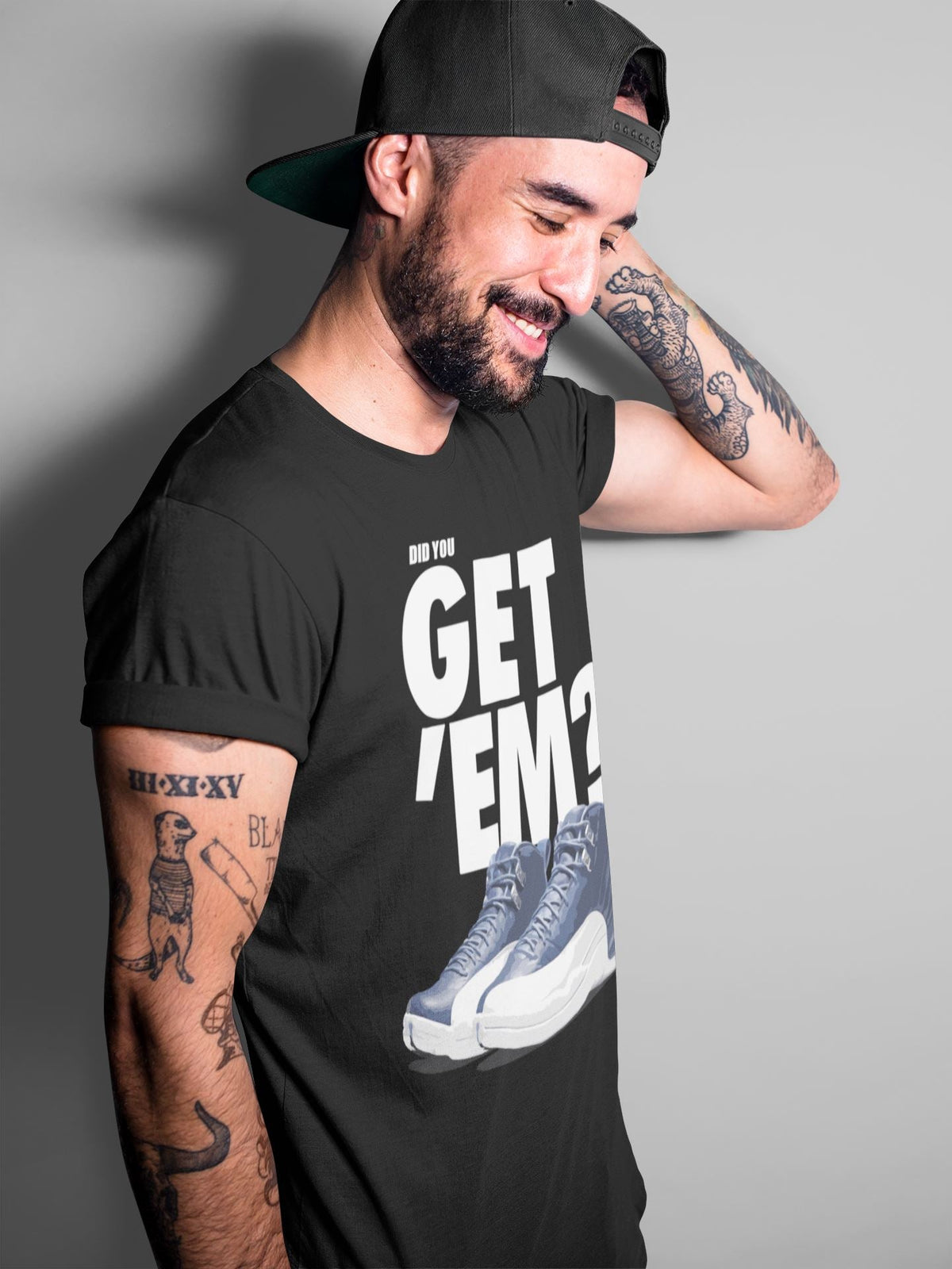 Jordan 12 Stone Blue Sneaker Matching T-Shirt Did You Get Em SNRT Sneaker Tees Jordan 12 Stone Blue Drip Gear Zone Crew Neck Tees