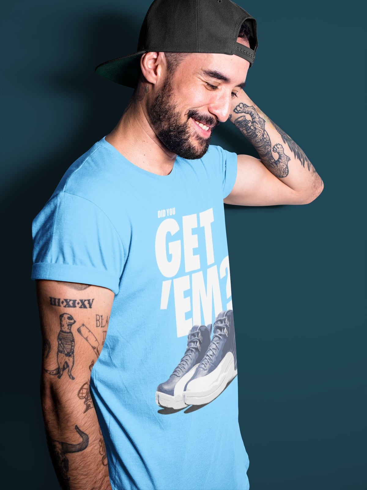 Jordan 12 Stone Blue Sneaker Matching T-Shirt Did You Get Em SNRT Sneaker Tees Jordan 12 Stone Blue Drip Gear Zone Crew Neck Tees