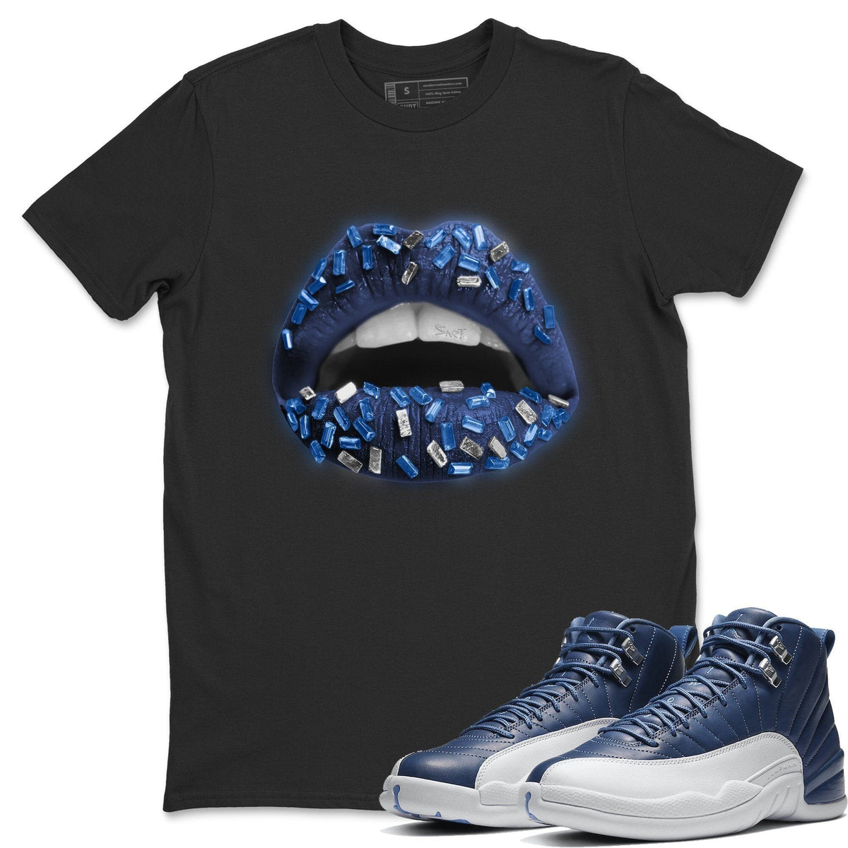 Jordan 12 Stone Blue Sneaker Matching T-Shirt Lips Jewel Sneaker Tees Jordan 12 Stone Blue Sneaker Release Tees Crew Neck Tees
