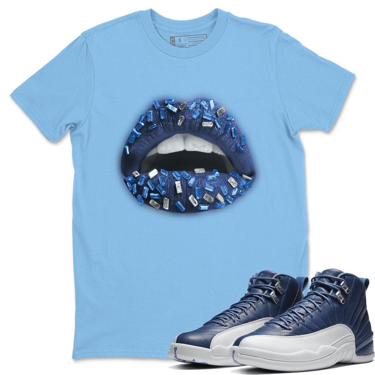 Jordan 12 Stone Blue Sneaker Matching T-Shirt Lips Jewel Sneaker Tees Jordan 12 Stone Blue Sneaker Release Tees Crew Neck Tees
