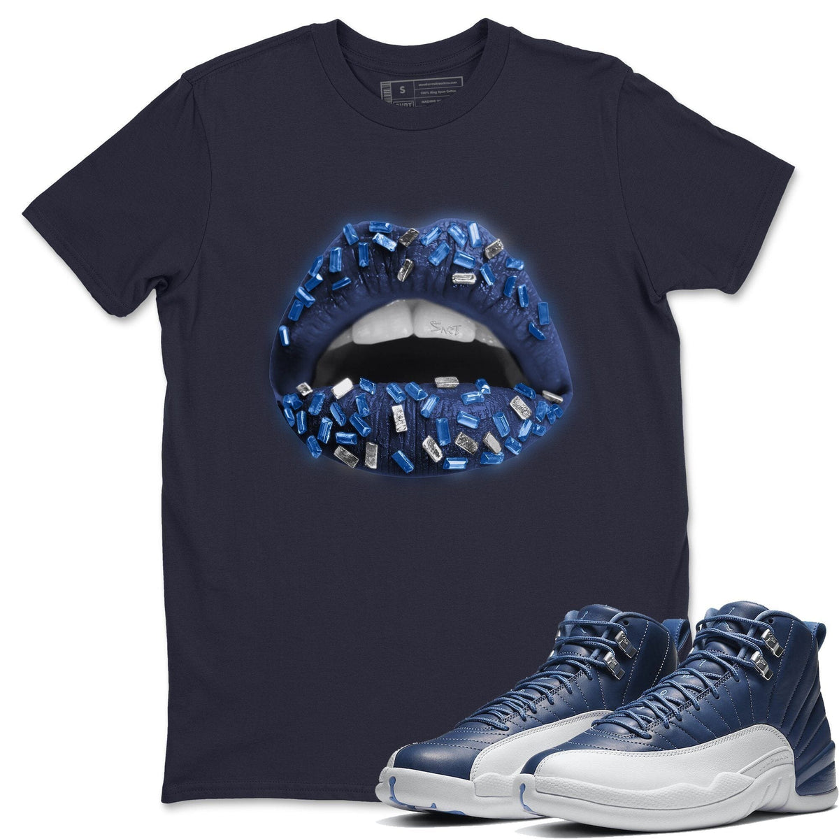 Jordan 12 Stone Blue Sneaker Matching T-Shirt Lips Jewel Sneaker Tees Jordan 12 Stone Blue Sneaker Release Tees Crew Neck Tees