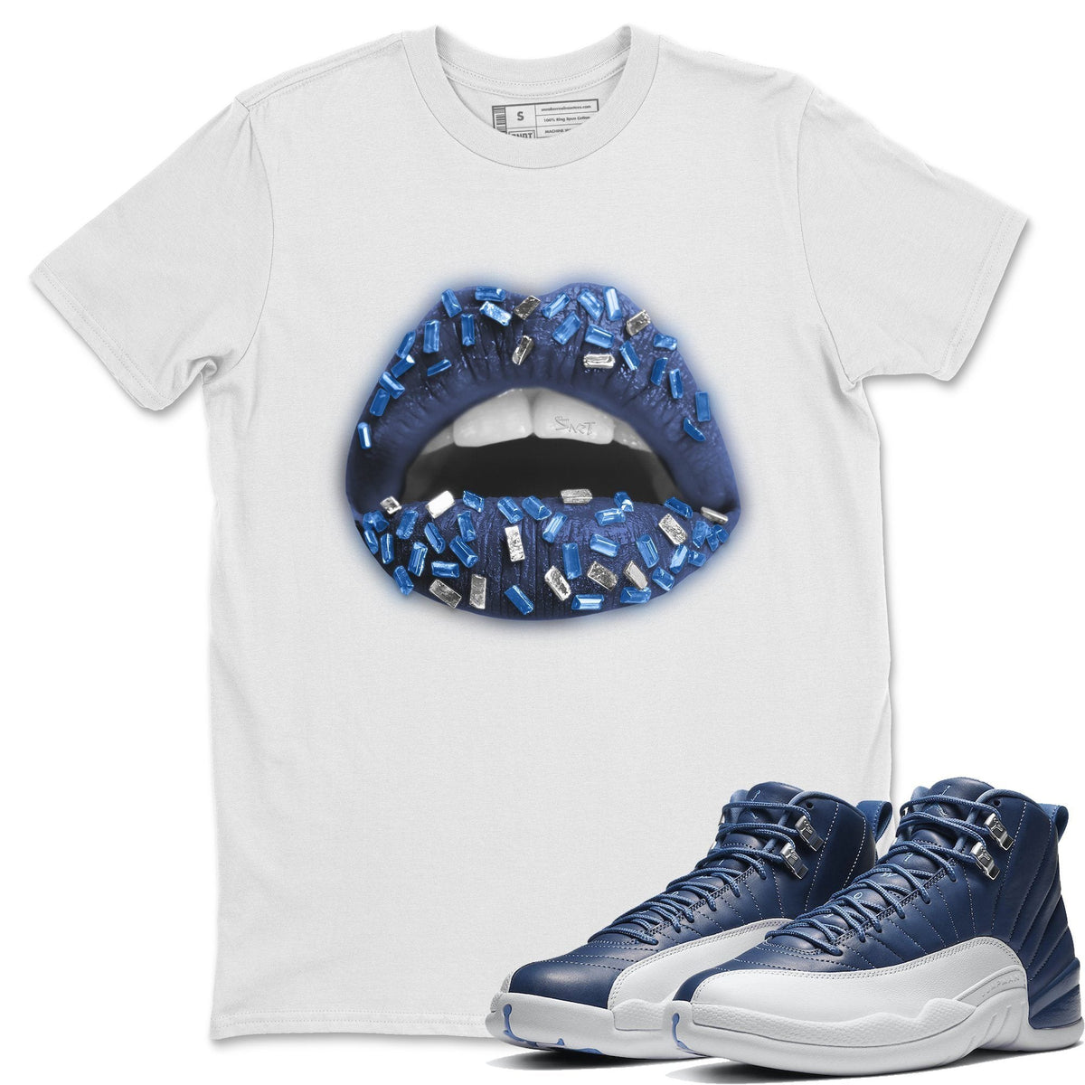 Jordan 12 Stone Blue Sneaker Matching T-Shirt Lips Jewel Sneaker Tees Jordan 12 Stone Blue Sneaker Release Tees Crew Neck Tees