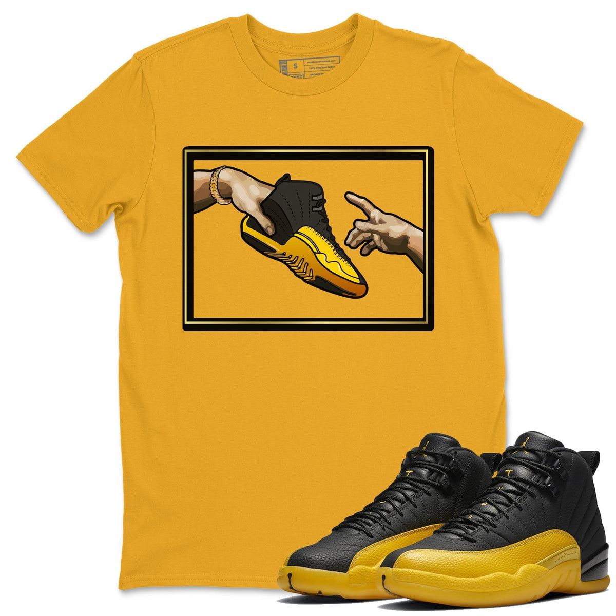 Jordan 12 University Gold Sneaker Matching T-Shirt adam's creation Sneaker Tees Jordan 12 University Gold Sneaker Release Tees Crew Neck Tees