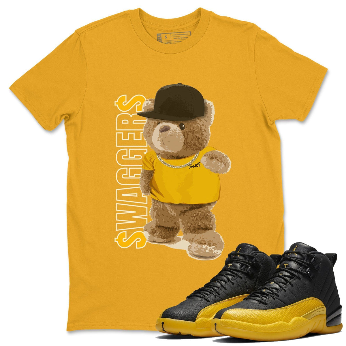 Jordan 12 University Gold Sneaker Matching T-Shirt Bear Swaggers Sneaker Tees Jordan 12 University Gold Sneaker Release Tees Crew Neck Tees