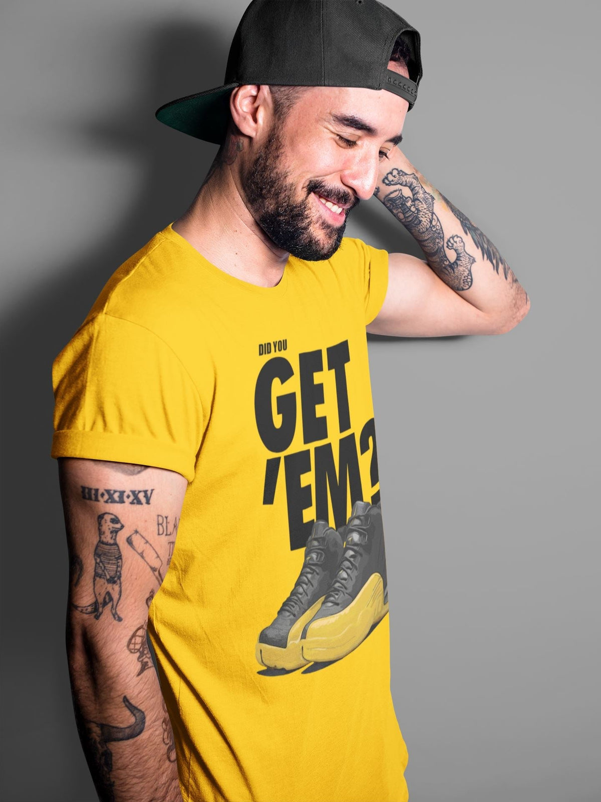 Jordan 12 University Gold Sneaker Matching T-Shirt Did You Get Em SNRT Sneaker Tees Jordan 12 University Gold Drip Gear Zone Crew Neck Tees