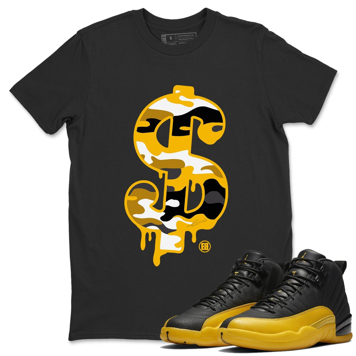 Jordan 12 University Gold Sneaker Matching T-Shirt Dollar Camo Sneaker Tees Jordan 12 University Gold Sneaker Release Tees Crew Neck Tees