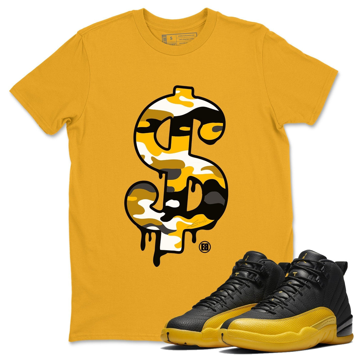 Jordan 12 University Gold Sneaker Matching T-Shirt Dollar Camo Sneaker Tees Jordan 12 University Gold Sneaker Release Tees Crew Neck Tees