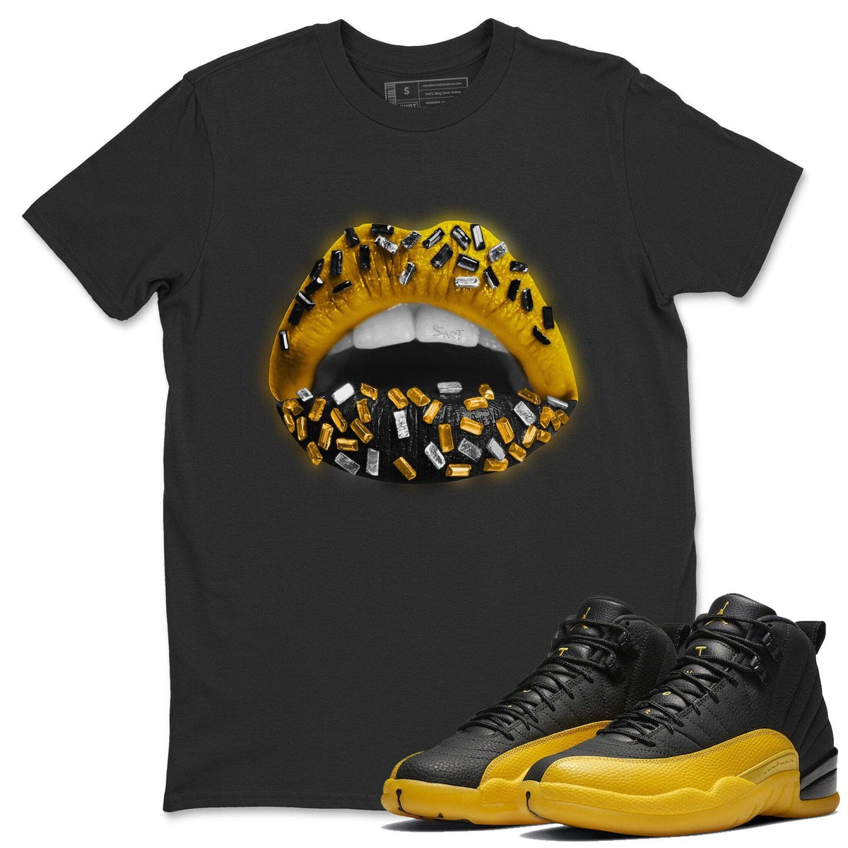 Jordan 12 University Gold Sneaker Matching T-Shirt Lips Jewel Sneaker Tees Jordan 12 University Gold Sneaker Release Tees Crew Neck Tees