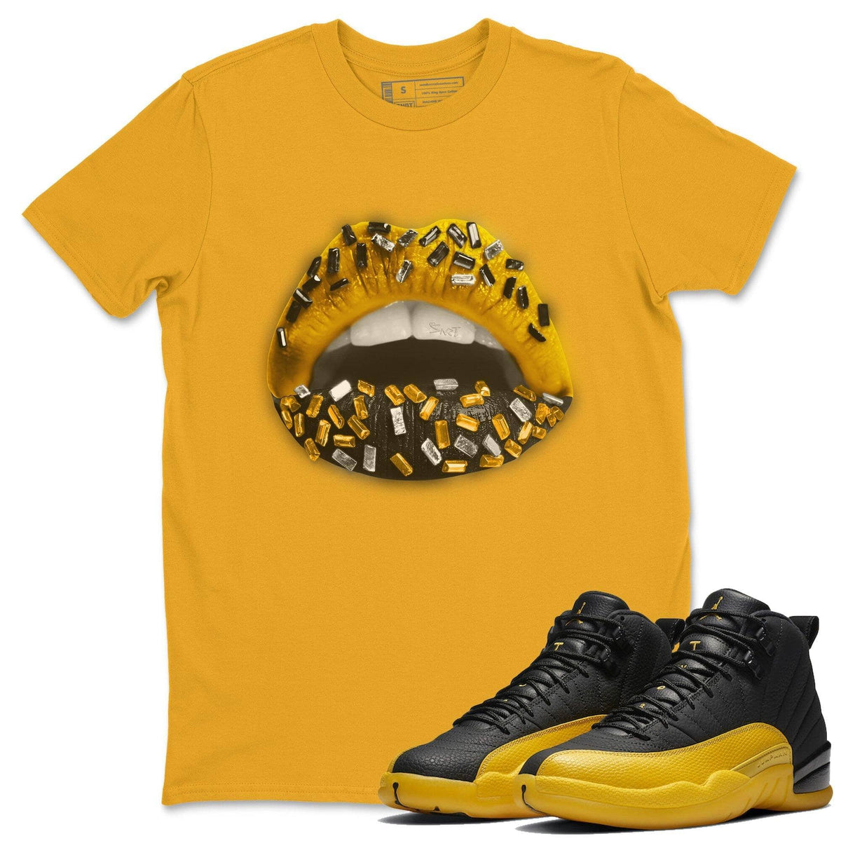 Jordan 12 University Gold Sneaker Matching T-Shirt Lips Jewel Sneaker Tees Jordan 12 University Gold Sneaker Release Tees Crew Neck Tees