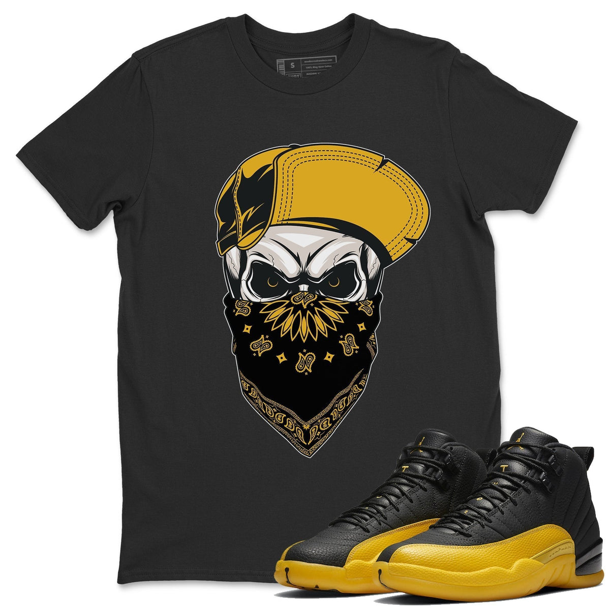 Jordan 12 University Gold Sneaker Matching T-Shirt Skull Hat Sneaker Tees Jordan 12 University Gold Sneaker Release Tees Crew Neck Tees