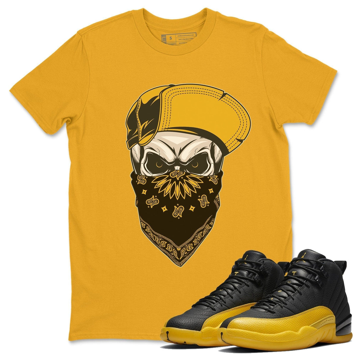 Jordan 12 University Gold Sneaker Matching T-Shirt Skull Hat Sneaker Tees Jordan 12 University Gold Sneaker Release Tees Crew Neck Tees