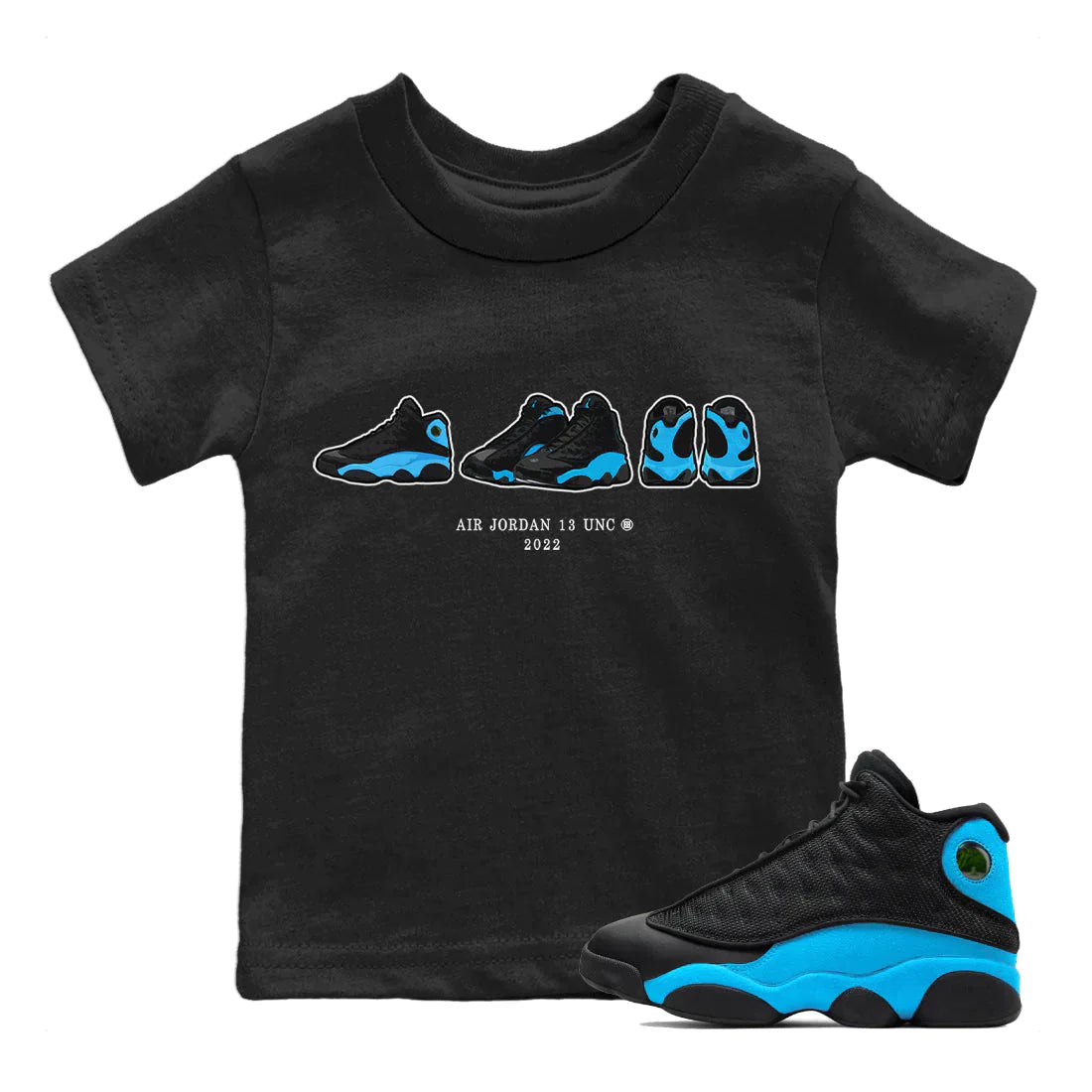 Jordan 13 UNC Sneaker Matching T-Shirt Air Jordan 13 Prelude Sneaker Tees Jordan 13 UNC Sneaker Release Tees Kids Shirts