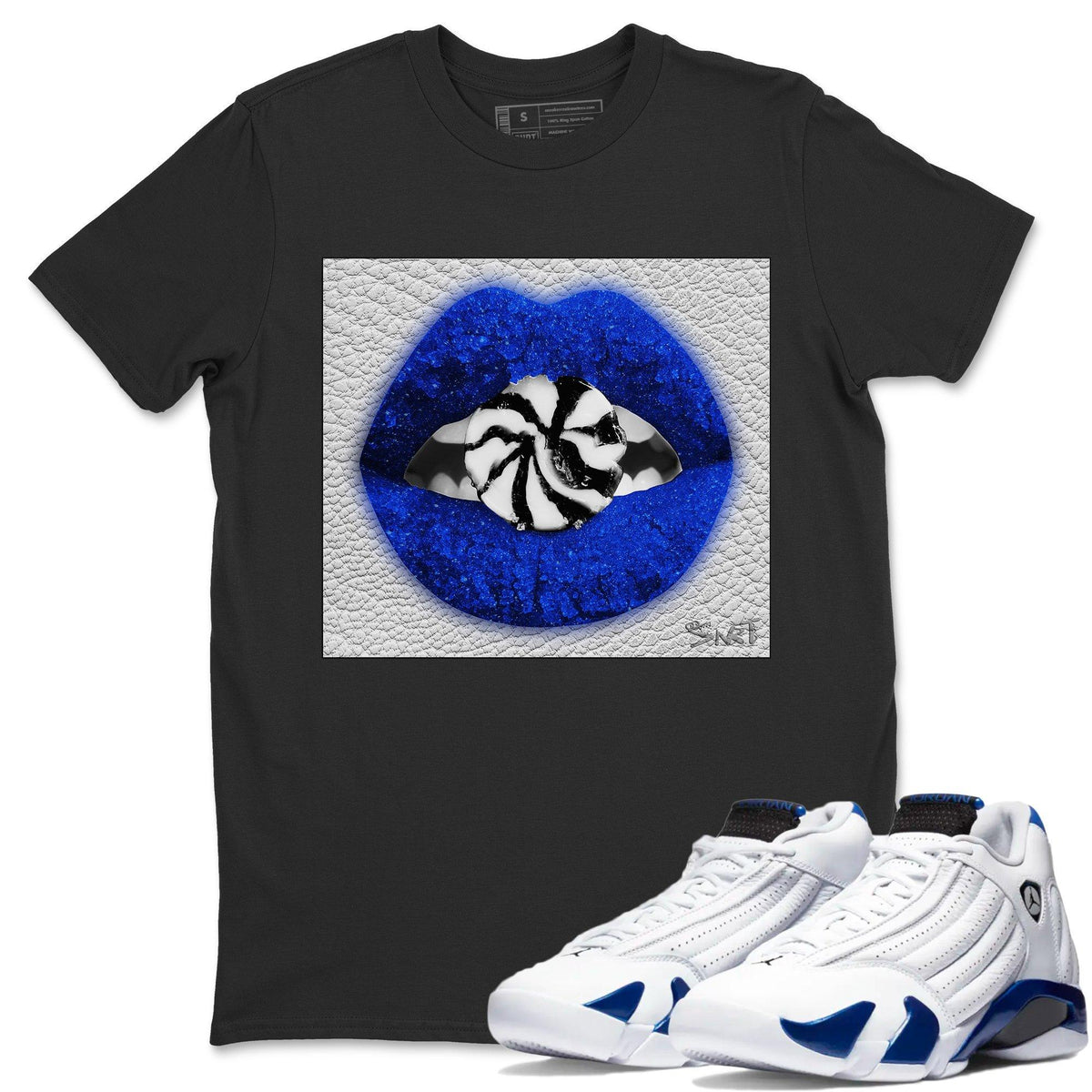 Jordan 14 Hyper Royal Sneaker Matching T-Shirt Lips Candy Sneaker Tees Jordan 14 Hyper Royal Sneaker Release Tees Crew Neck Tees