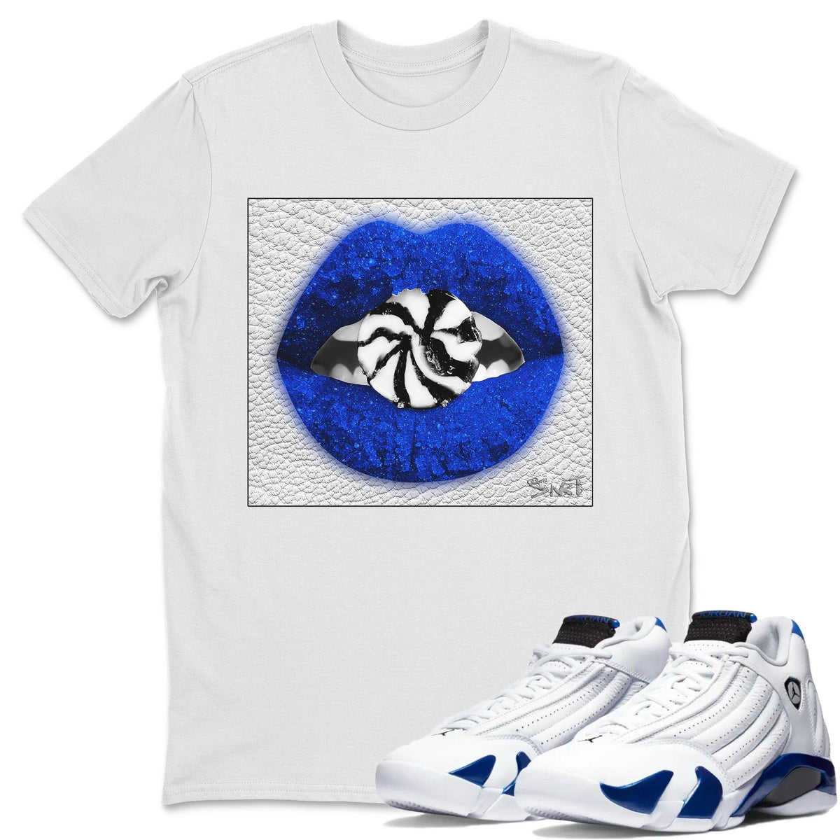 Jordan 14 Hyper Royal Sneaker Matching T-Shirt Lips Candy Sneaker Tees Jordan 14 Hyper Royal Sneaker Release Tees Crew Neck Tees