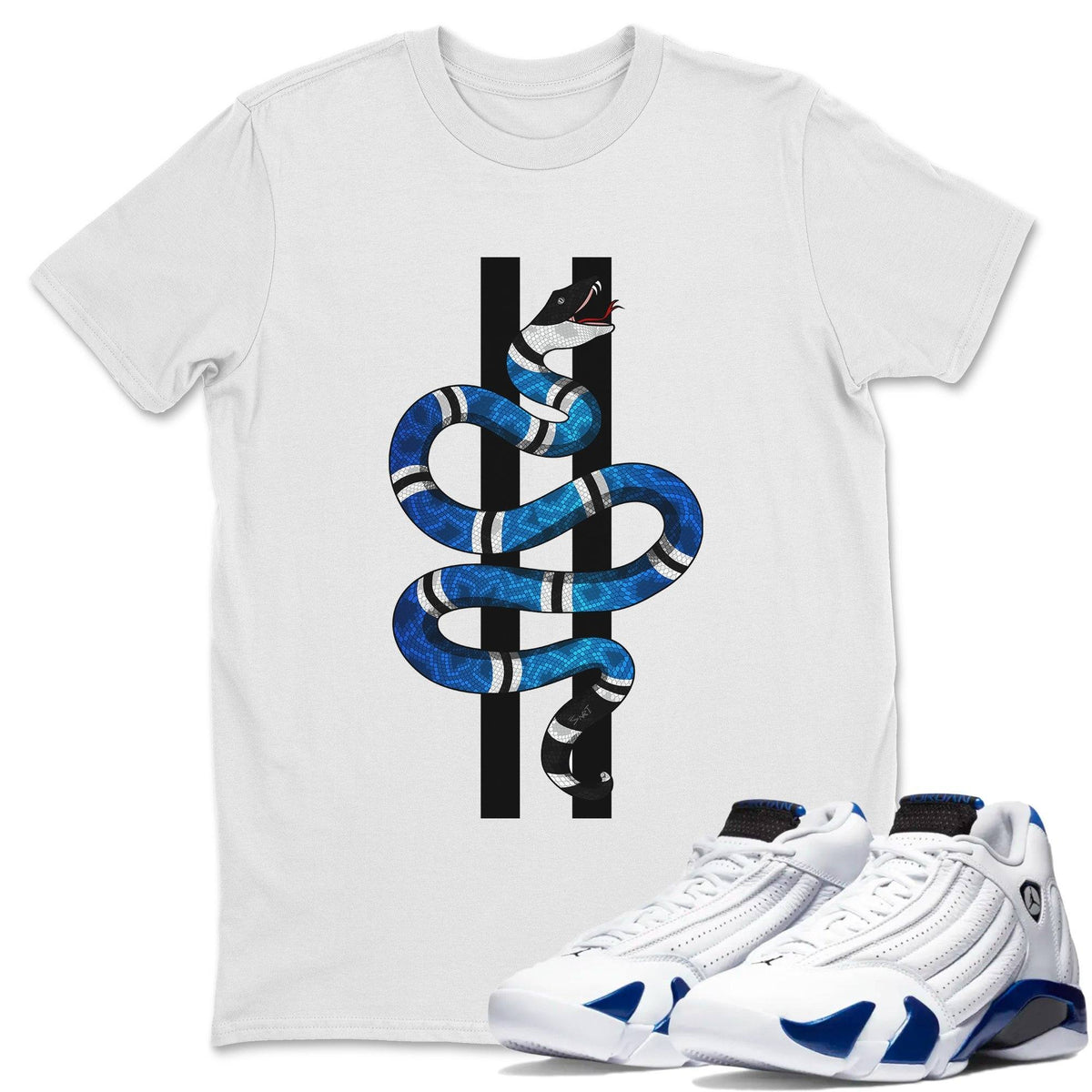 Jordan 14 Hyper Royal Sneaker Matching T-Shirt Snake Sneaker Tees Jordan 14 Hyper Royal Sneaker Release Tees Crew Neck Tees