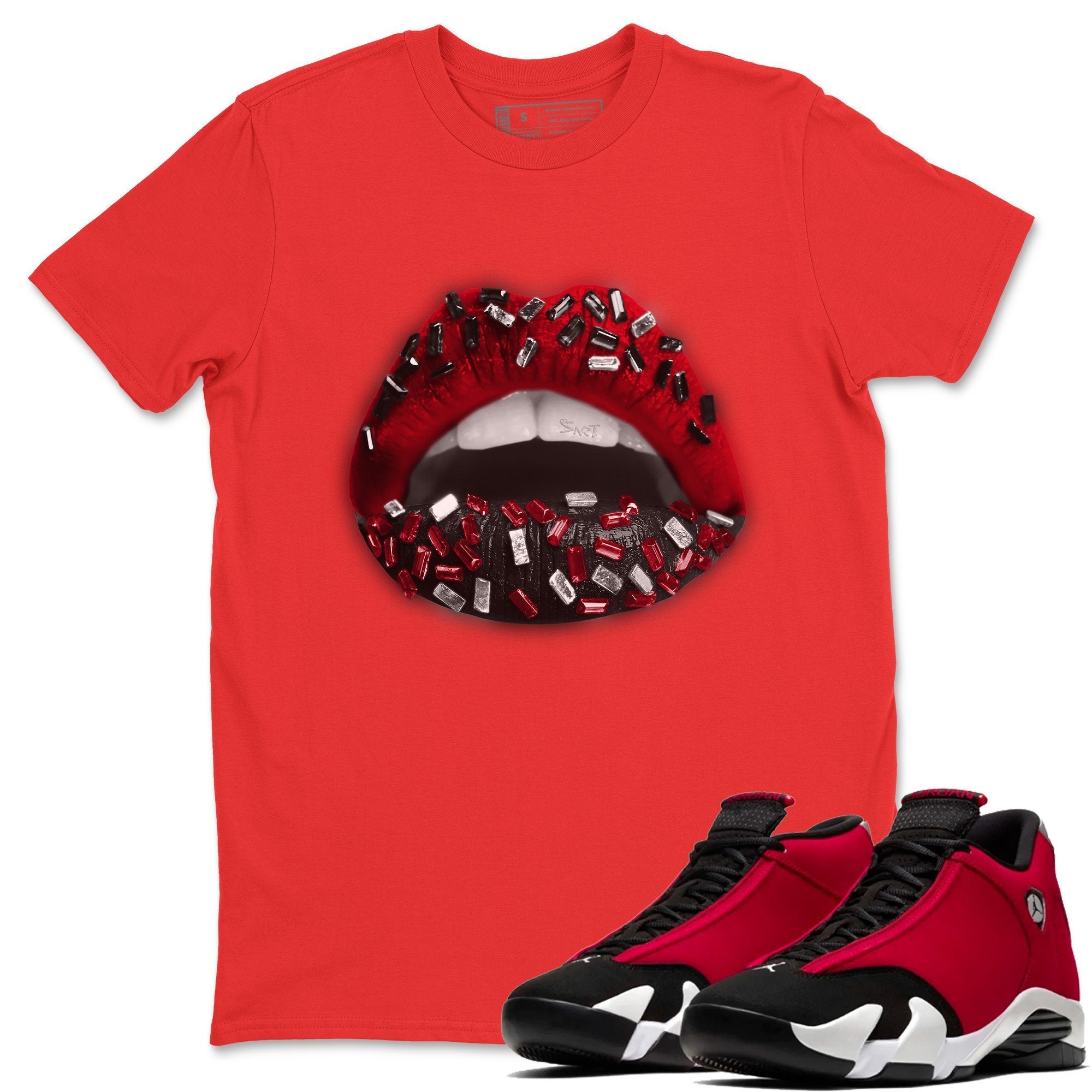 Jordan 14 Gym Red Sneaker Matching T-Shirt Lips Jewel Sneaker Tees Jordan 14 Gym Red Sneaker Release Tees Crew Neck Tees