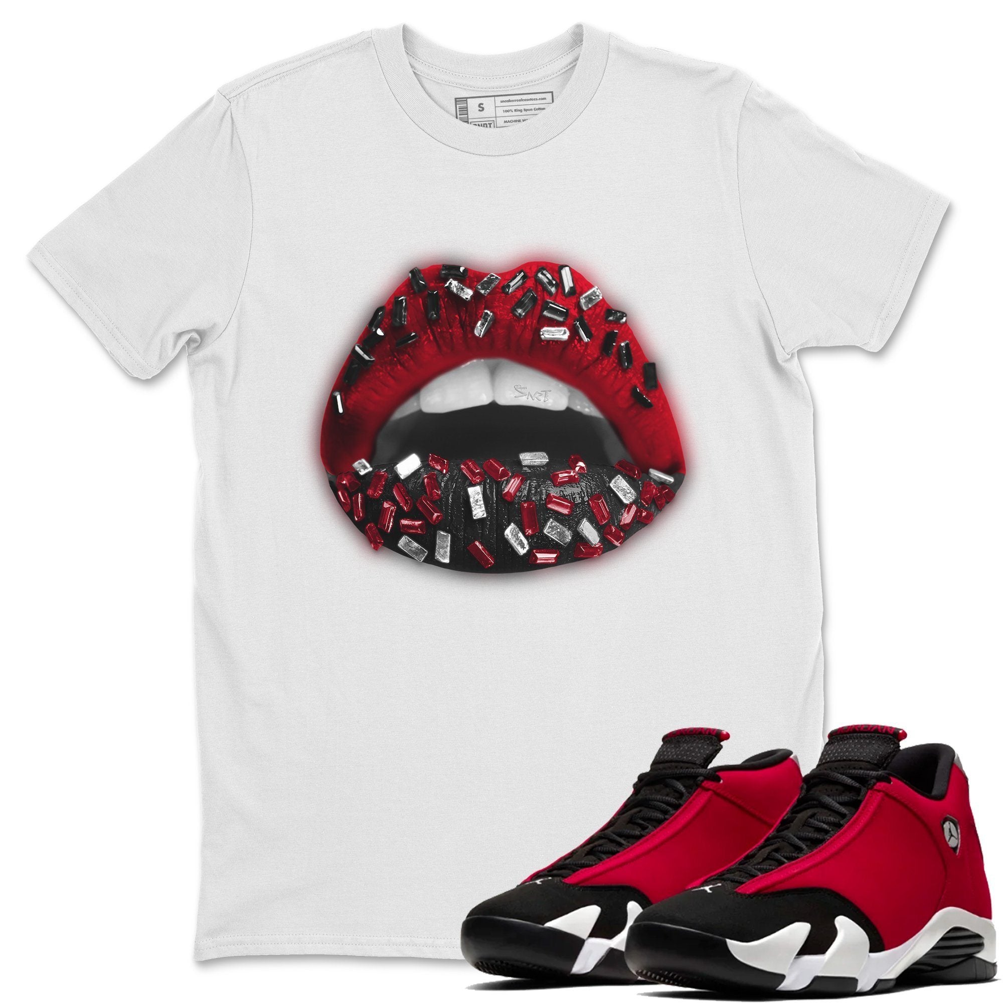 Jordan 14 Gym Red Sneaker Matching T-Shirt Lips Jewel Sneaker Tees Jordan 14 Gym Red Sneaker Release Tees Crew Neck Tees