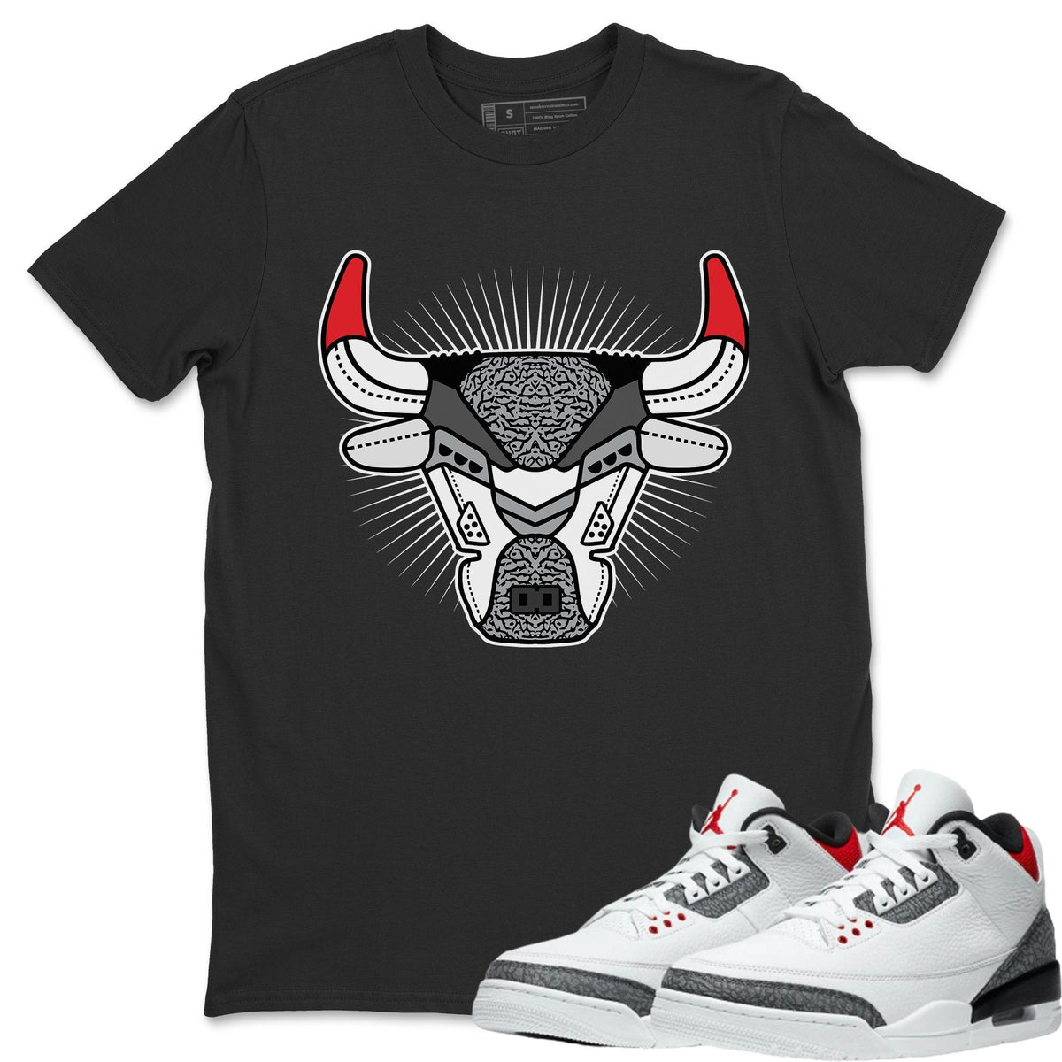 Jordan 3 Fire Red Sneaker Matching T-Shirt Bull Head Sneaker Tees Jordan 3 Fire Red Sneaker Release Tees Crew Neck Tees