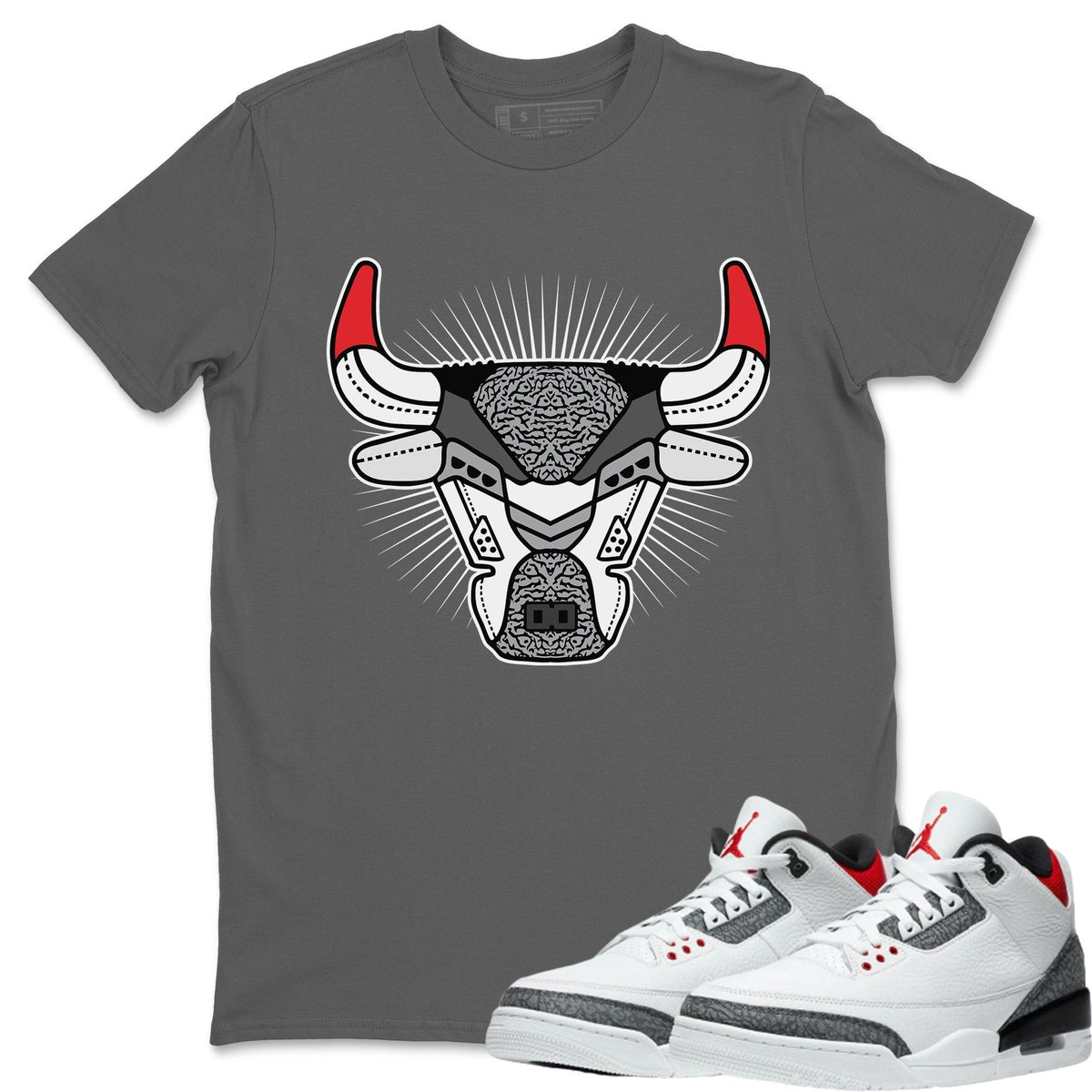 Jordan 3 Fire Red Sneaker Matching T-Shirt Bull Head Sneaker Tees Jordan 3 Fire Red Sneaker Release Tees Crew Neck Tees