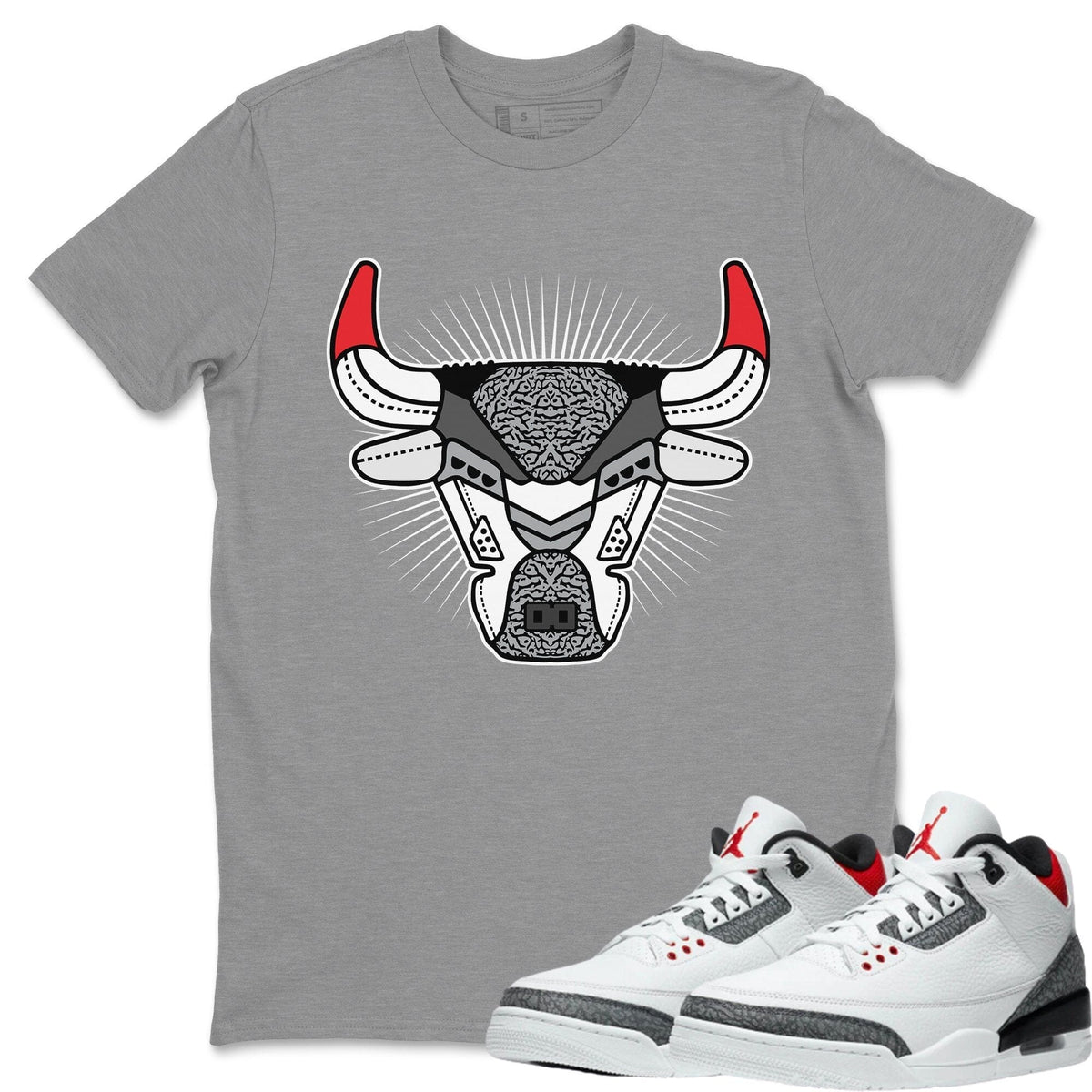 Jordan 3 Fire Red Sneaker Matching T-Shirt Bull Head Sneaker Tees Jordan 3 Fire Red Sneaker Release Tees Crew Neck Tees