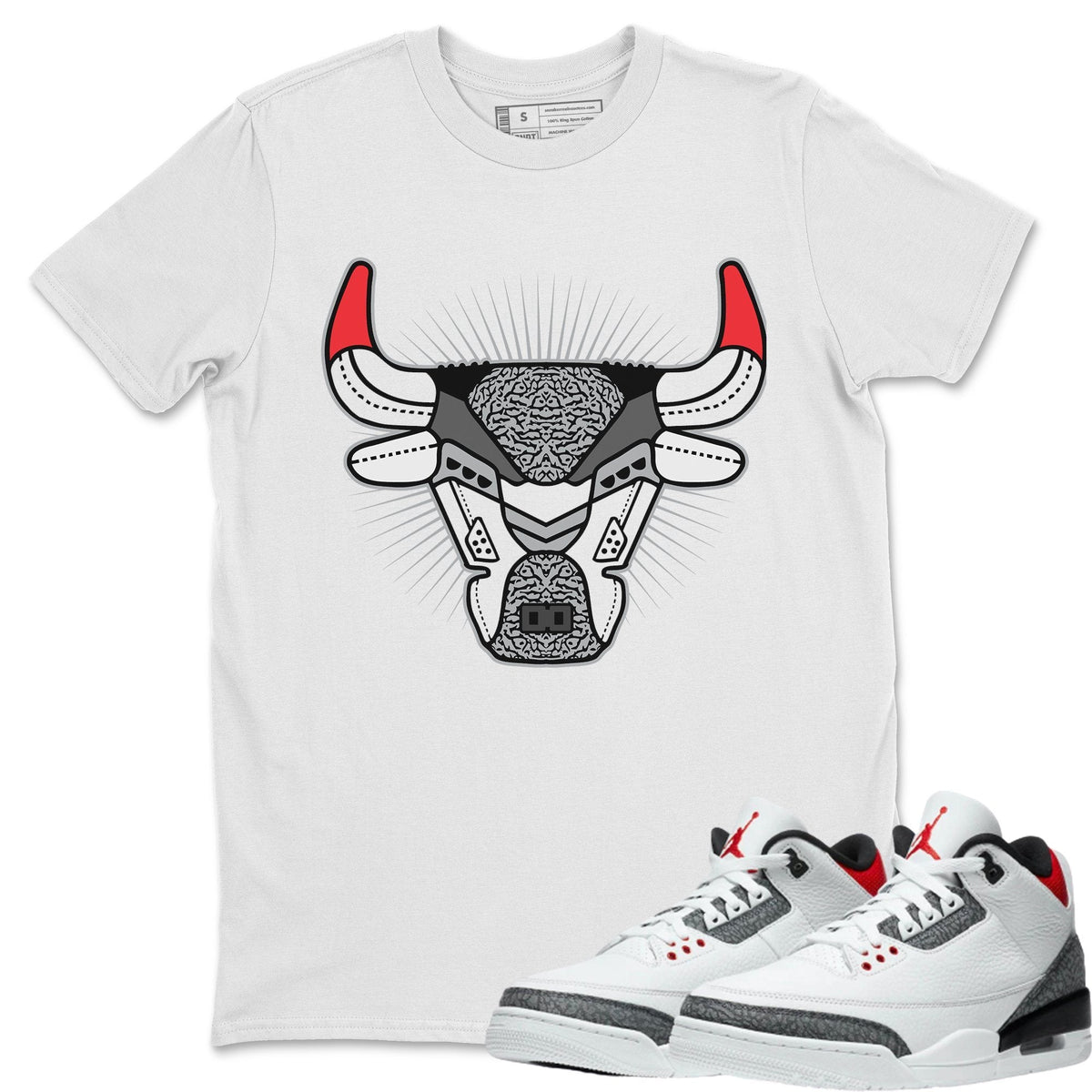 Jordan 3 Fire Red Sneaker Matching T-Shirt Bull Head Sneaker Tees Jordan 3 Fire Red Sneaker Release Tees Crew Neck Tees