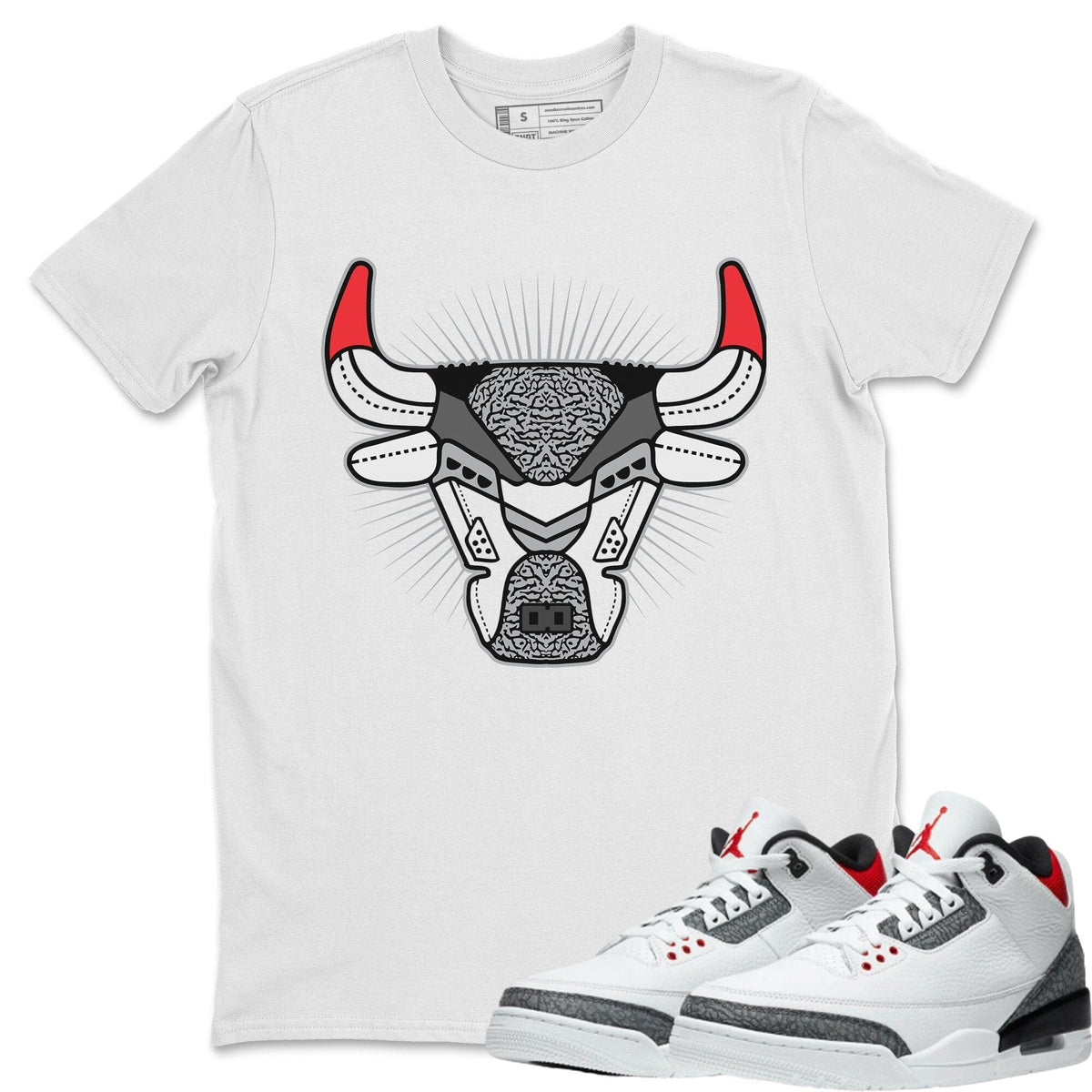 Jordan 3 Fire Red Sneaker Matching T-Shirt Bull Head Sneaker Tees Jordan 3 Fire Red Sneaker Release Tees Crew Neck Tees