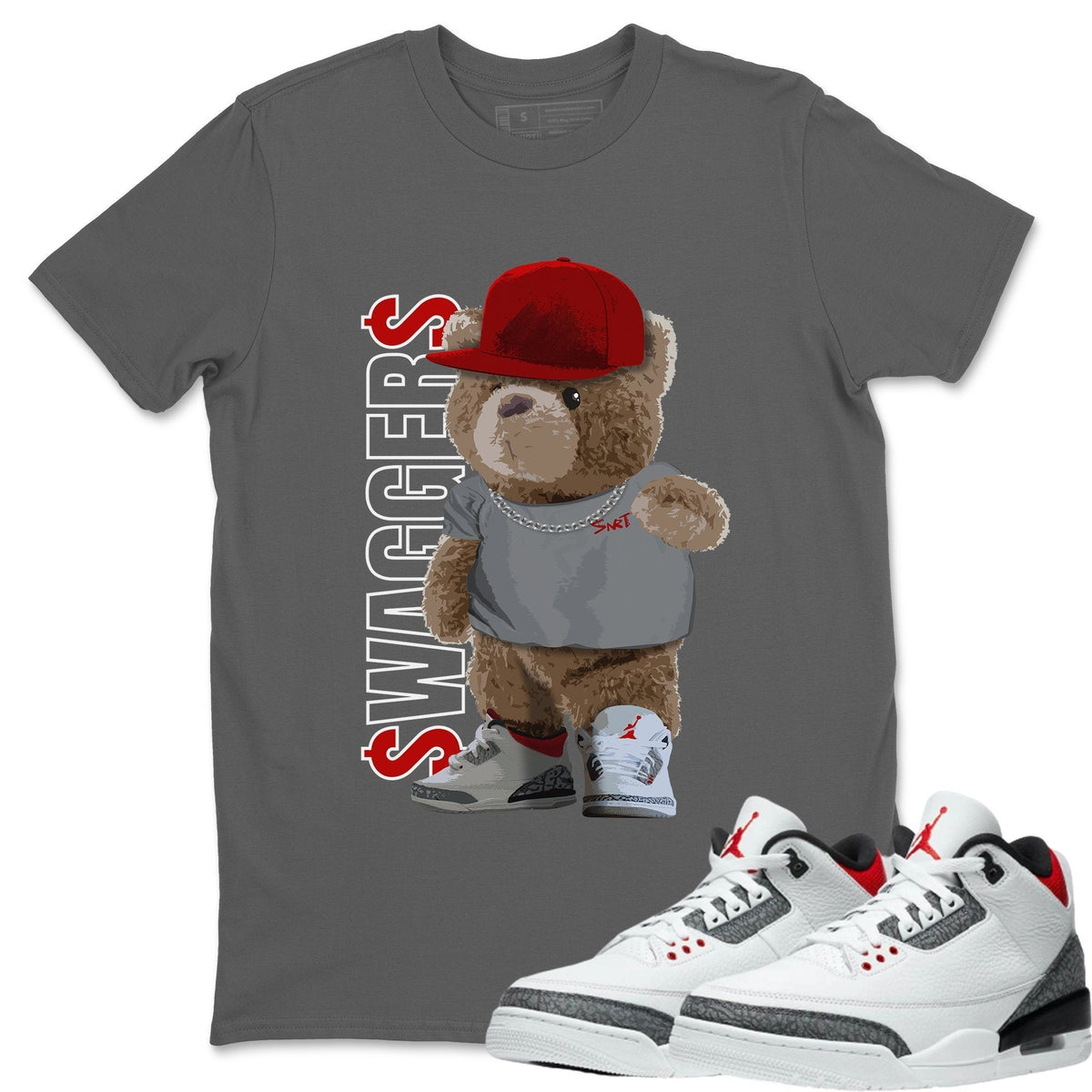 Jordan 3 Fire Red Sneaker Matching T-Shirt Bear Swaggers Sneaker Tees Jordan 3 Fire Red Sneaker Release Tees Crew Neck Tees
