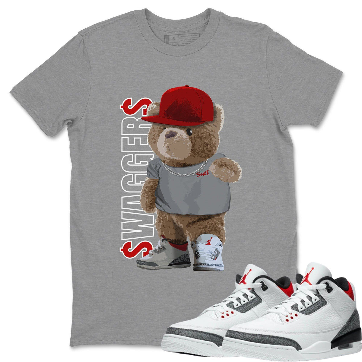 Jordan 3 Fire Red Sneaker Matching T-Shirt Bear Swaggers Sneaker Tees Jordan 3 Fire Red Sneaker Release Tees Crew Neck Tees