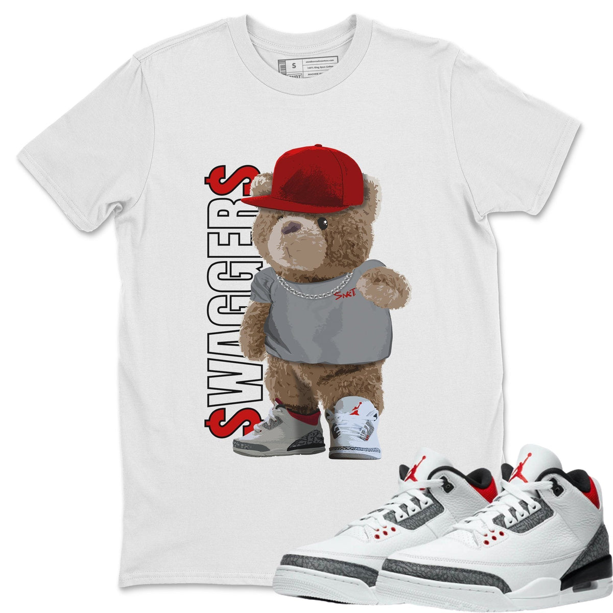 Jordan 3 Fire Red Sneaker Matching T-Shirt Bear Swaggers Sneaker Tees Jordan 3 Fire Red Sneaker Release Tees Crew Neck Tees