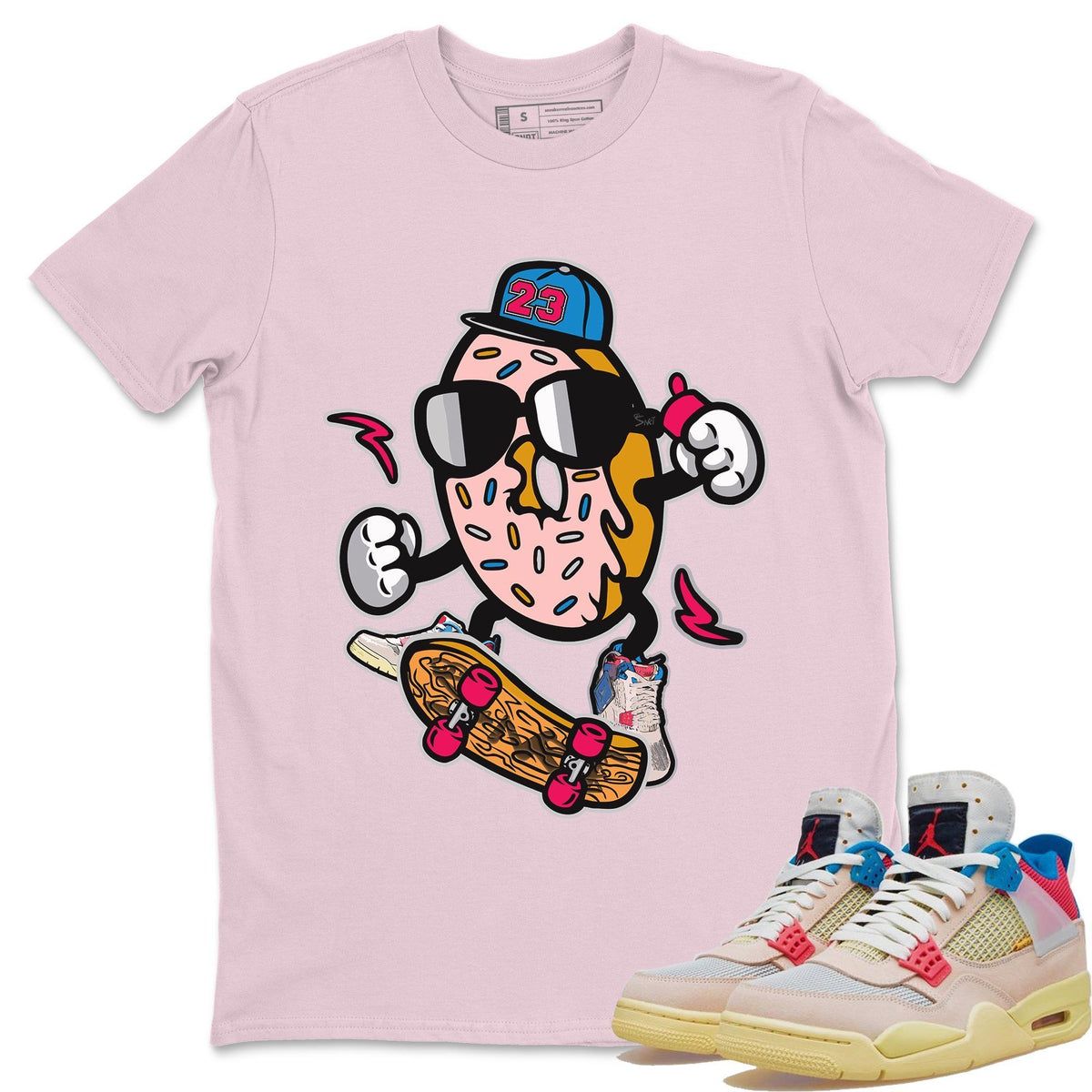 Jordan 4 Union Guava Ice Sneaker Matching T-Shirt Donut Skater Sneaker Tees Jordan 4 Union Guava Ice Sneaker Release Tees Crew Neck Tees
