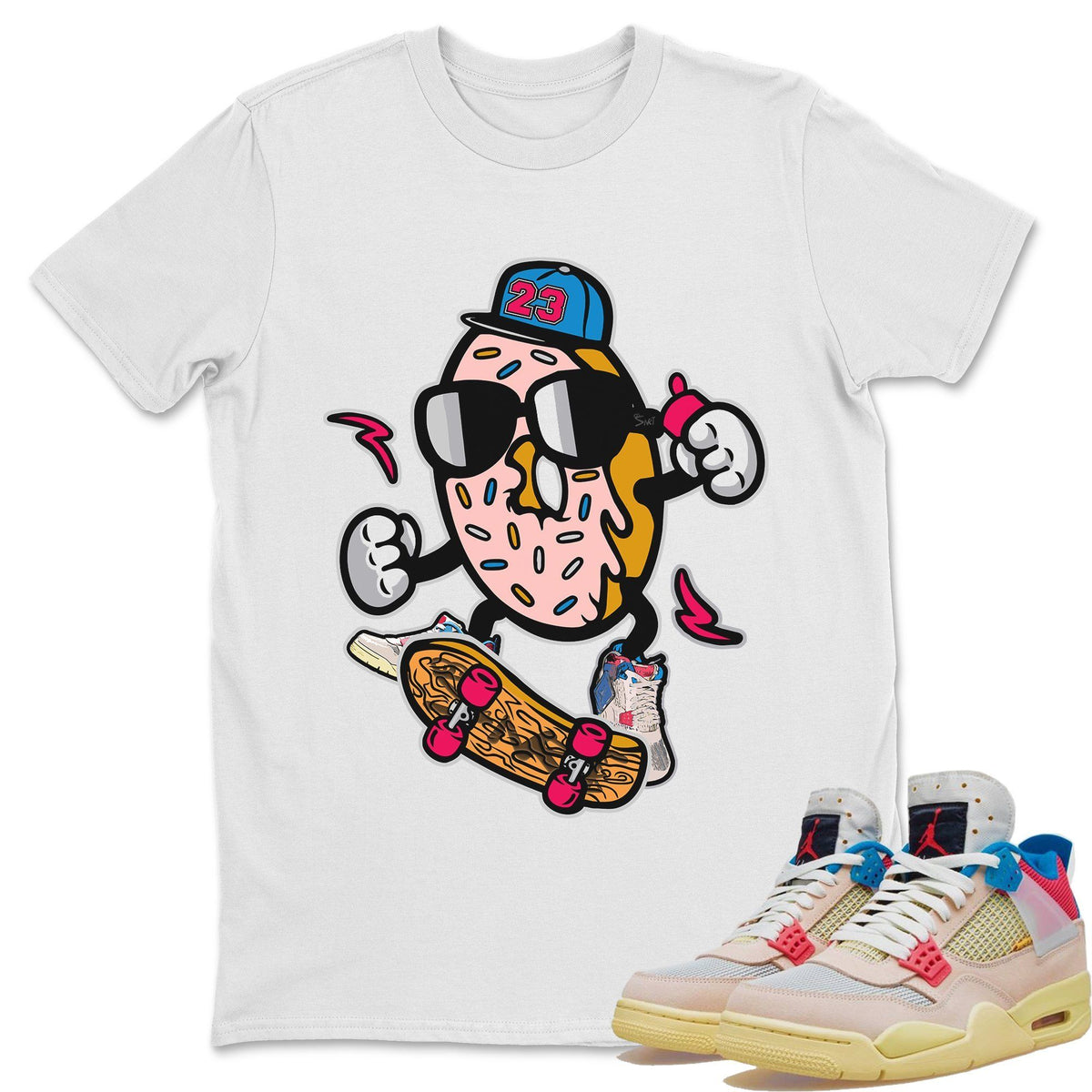 Jordan 4 Union Guava Ice Sneaker Matching T-Shirt Donut Skater Sneaker Tees Jordan 4 Union Guava Ice Sneaker Release Tees Crew Neck Tees