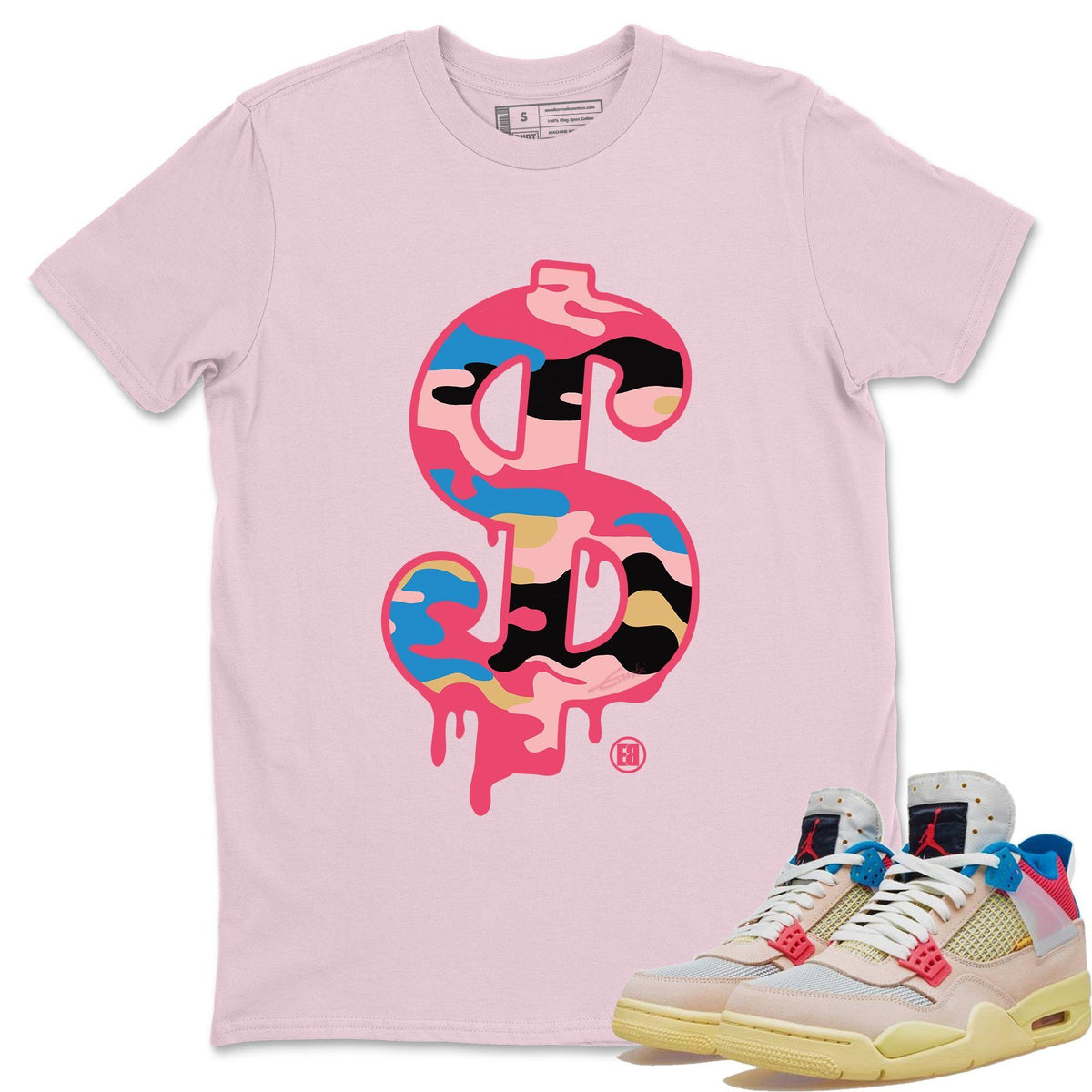 Jordan 4 Union Guava Ice Sneaker Matching T-Shirt Dollar Camo Sneaker Tees Jordan 4 Union Guava Ice Sneaker Release Tees Crew Neck Tees
