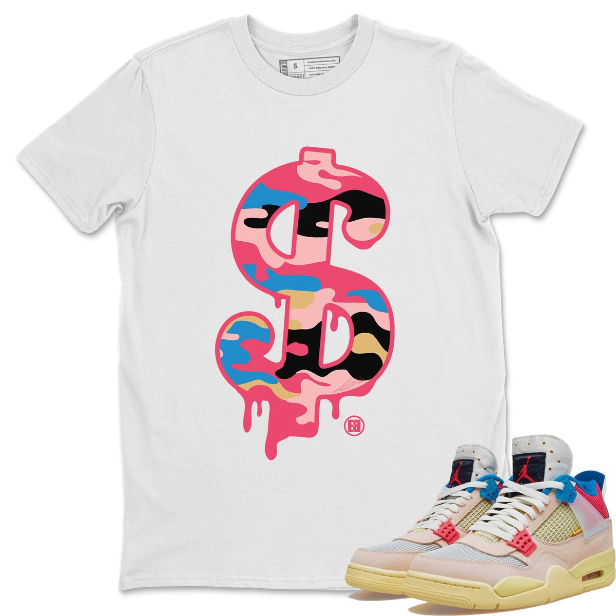 Jordan 4 Union Guava Ice Sneaker Matching T-Shirt Dollar Camo Sneaker Tees Jordan 4 Union Guava Ice Sneaker Release Tees Crew Neck Tees