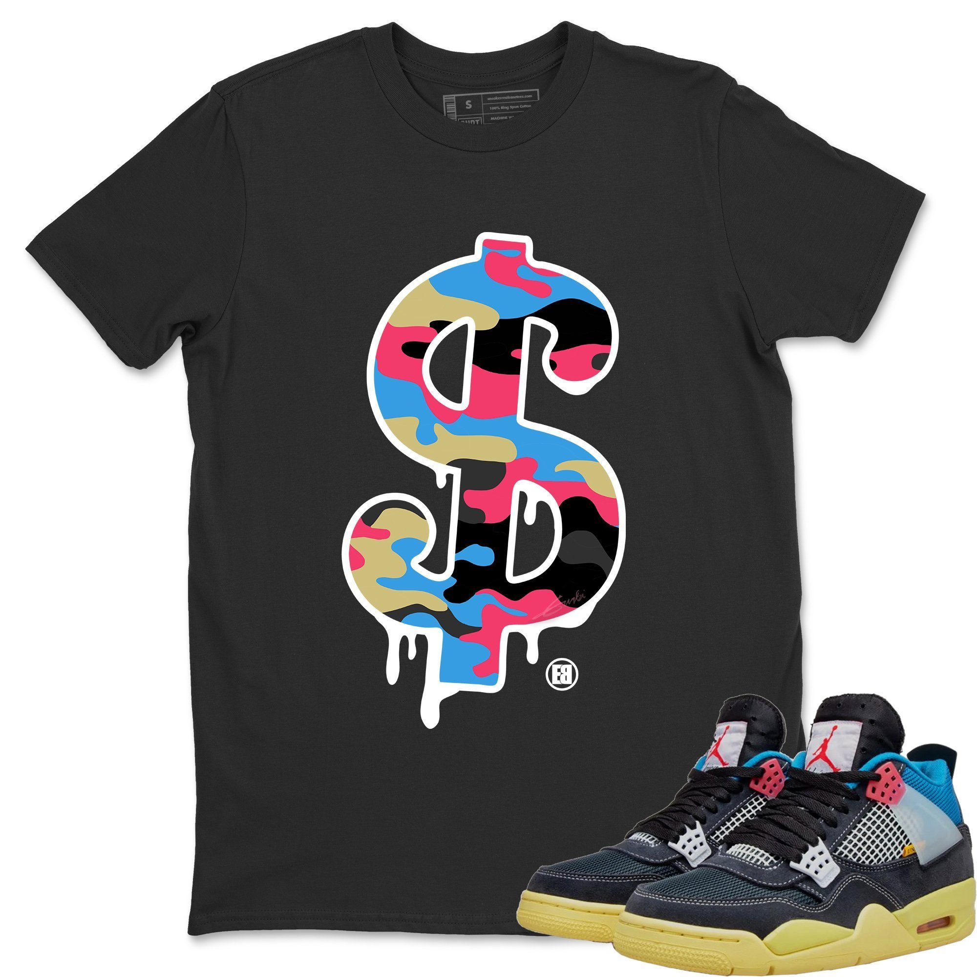 Jordan 4 Union Off Noir Sneaker Matching T-Shirt Dollar Camo Sneaker Tees Jordan 4 Union Off Noir Sneaker Release Tees Crew Neck Tees