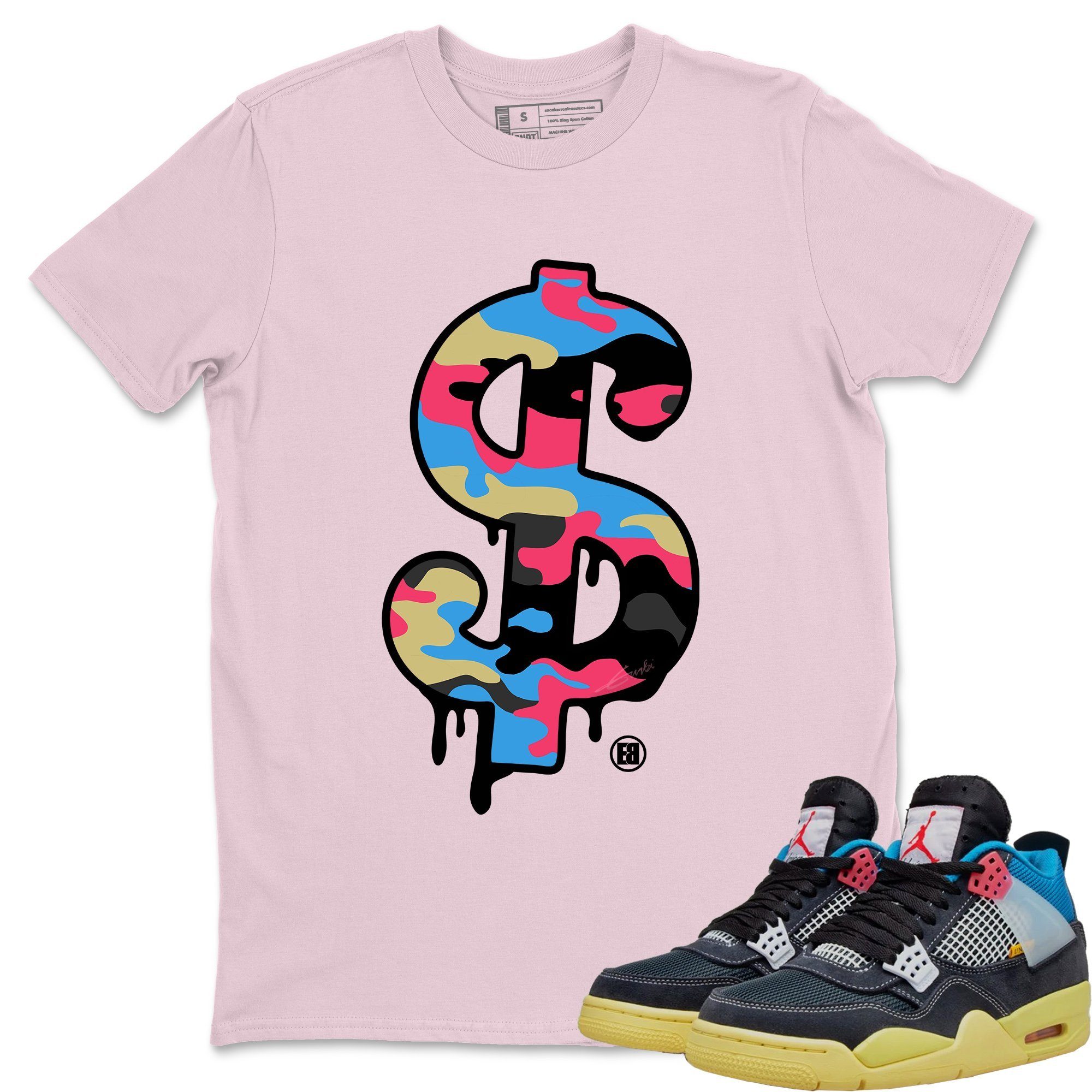 Jordan 4 Union Off Noir Sneaker Matching T-Shirt Dollar Camo Sneaker Tees Jordan 4 Union Off Noir Sneaker Release Tees Crew Neck Tees