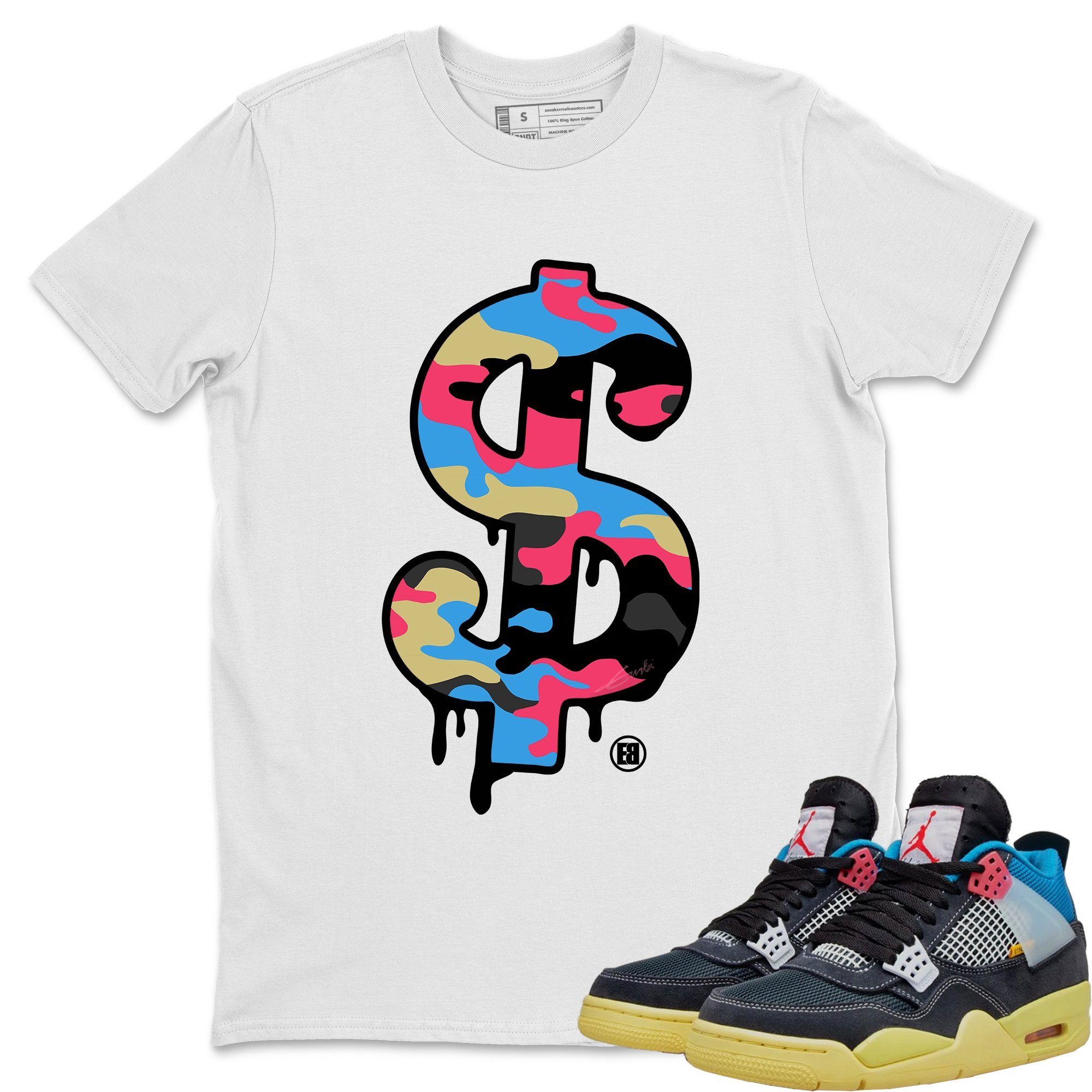 Jordan 4 Union Off Noir Sneaker Matching T-Shirt Dollar Camo Sneaker Tees Jordan 4 Union Off Noir Sneaker Release Tees Crew Neck Tees