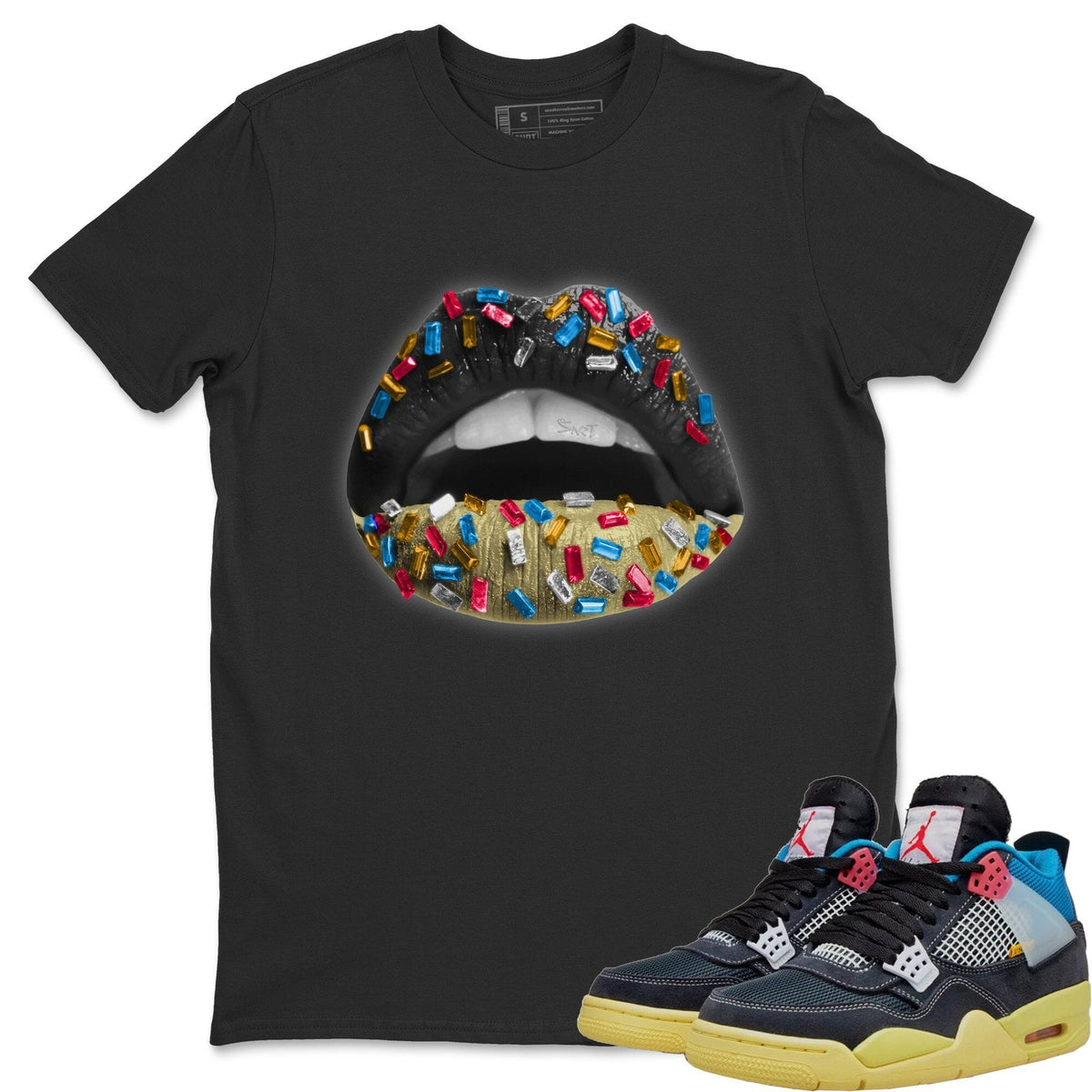 Jordan 4 Union Off Noir Sneaker Matching T-Shirt Lips Jewel Sneaker Tees Jordan 4 Union Off Noir Sneaker Release Tees Crew Neck Tees