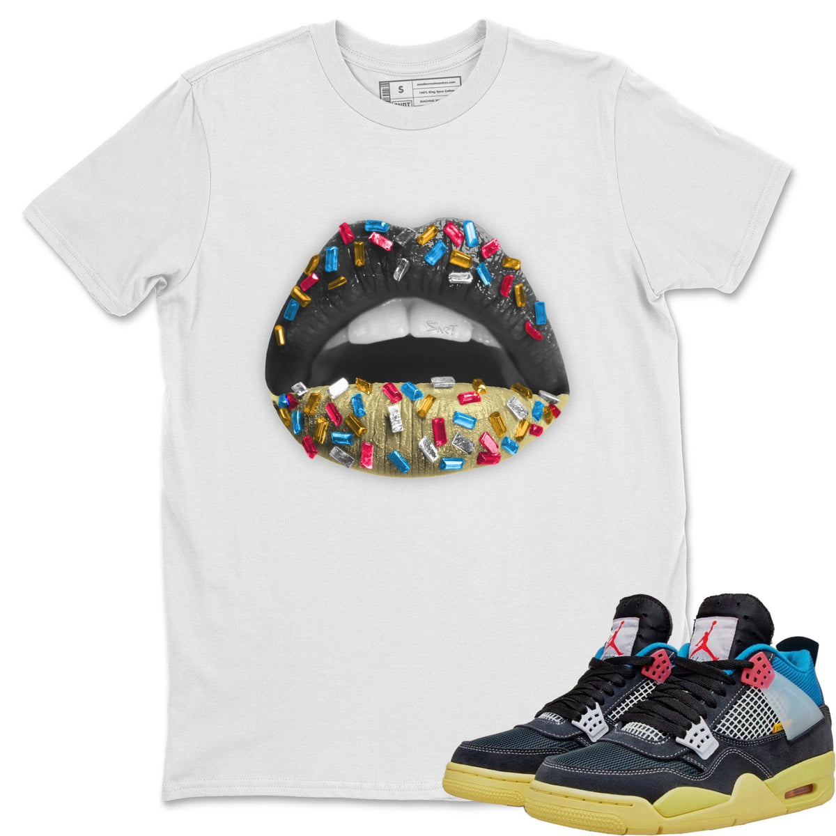 Jordan 4 Union Off Noir Sneaker Matching T-Shirt Lips Jewel Sneaker Tees Jordan 4 Union Off Noir Sneaker Release Tees Crew Neck Tees