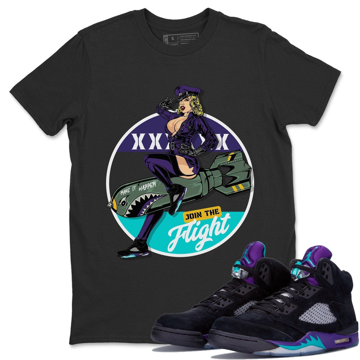 Jordan 5 Black Grape Sneaker Matching T-Shirt Pin Up Girl Sneaker Tees Jordan 5 Black Grape Sneaker Release Tees Crew Neck Tees